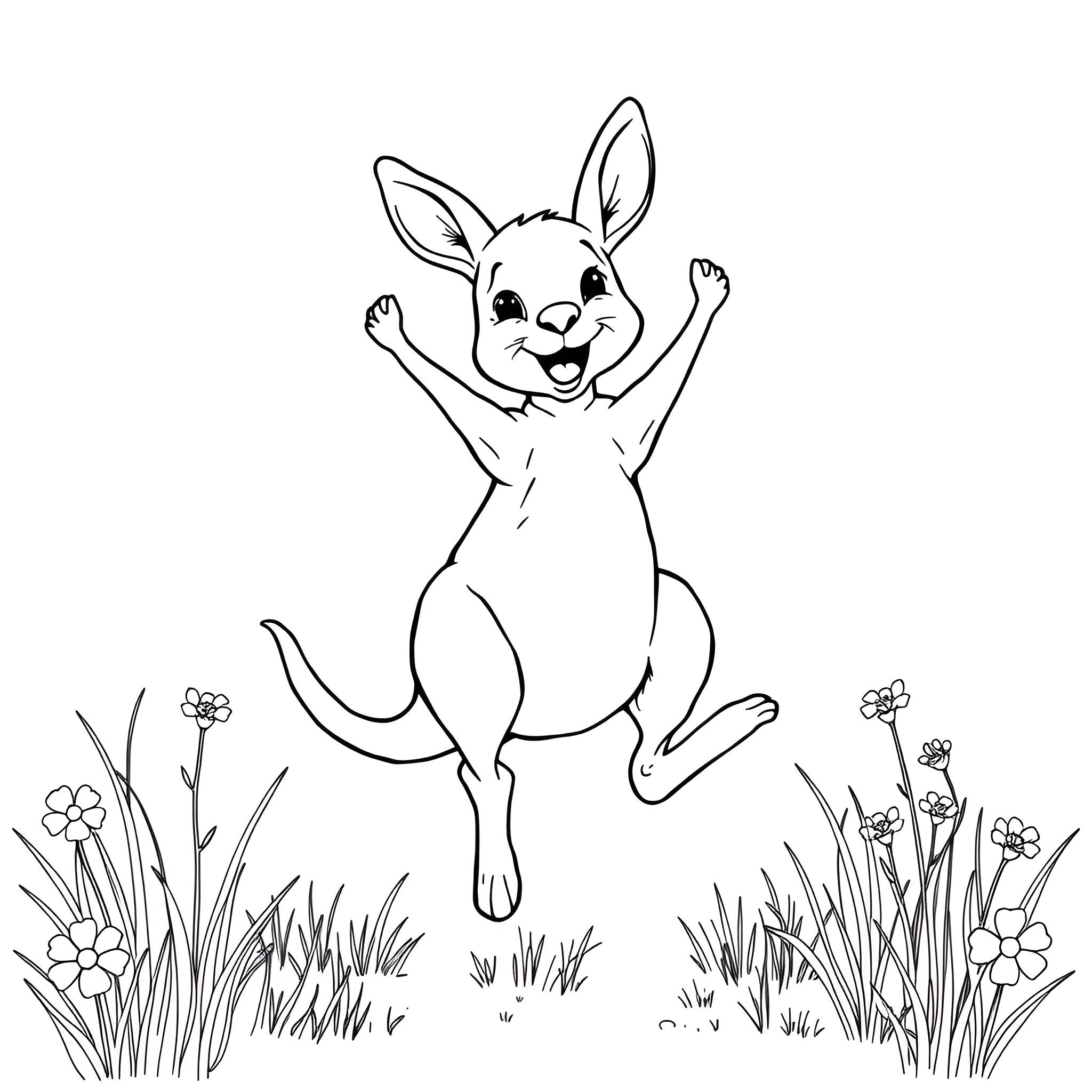 Baby Kangaroo Jumping with Joy in Meadow Coloring Page (free black-and-white line drawing printable PDF for all, from beginners to advanced learners, including children, teens, adults, and seniors)