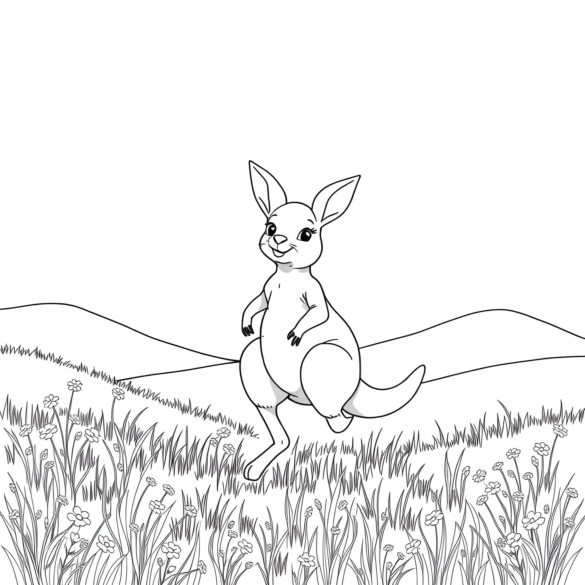 Baby Kangaroo hopping in the meadow Coloring Page (free black-and-white line drawing printable PDF for all, from beginners to advanced learners, including children, teens, adults, and seniors)