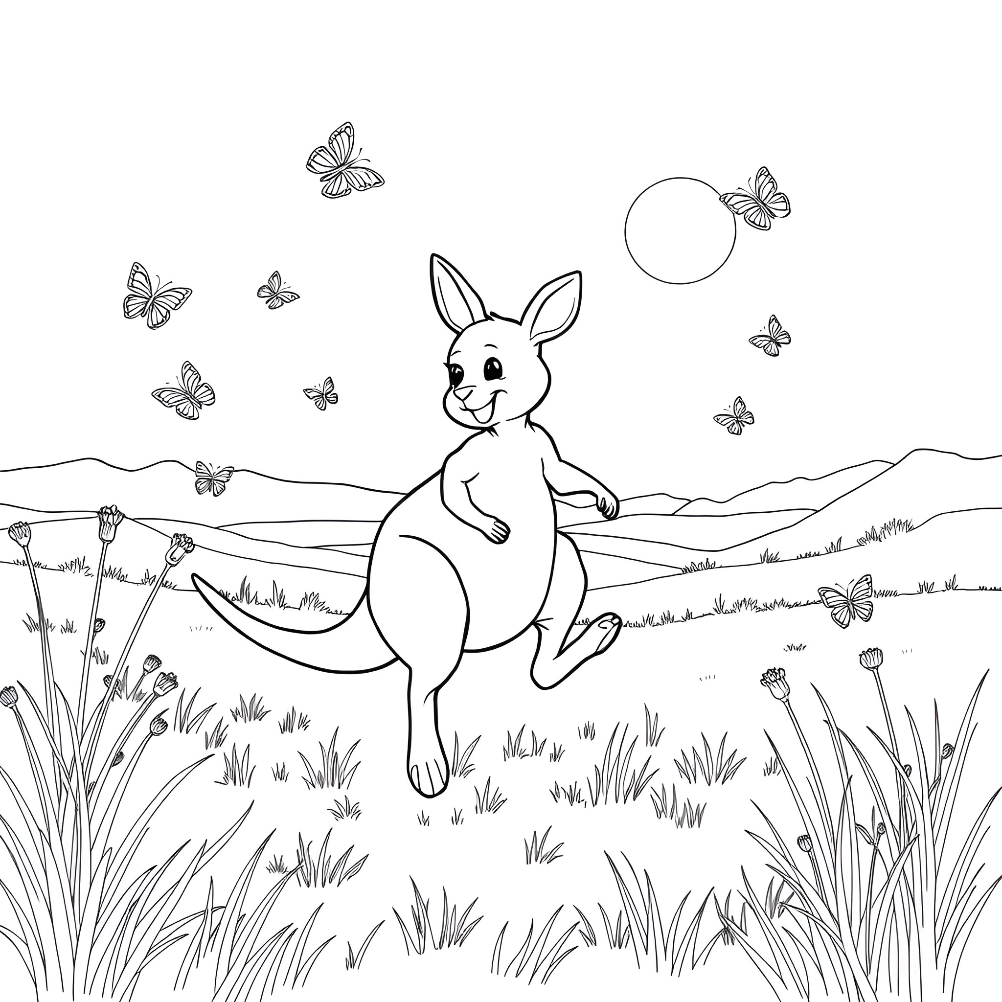 Kangaroo enjoying nature with butterflies Coloring Page (free black-and-white line drawing printable PDF for all, from beginners to advanced learners, including children, teens, adults, and seniors)