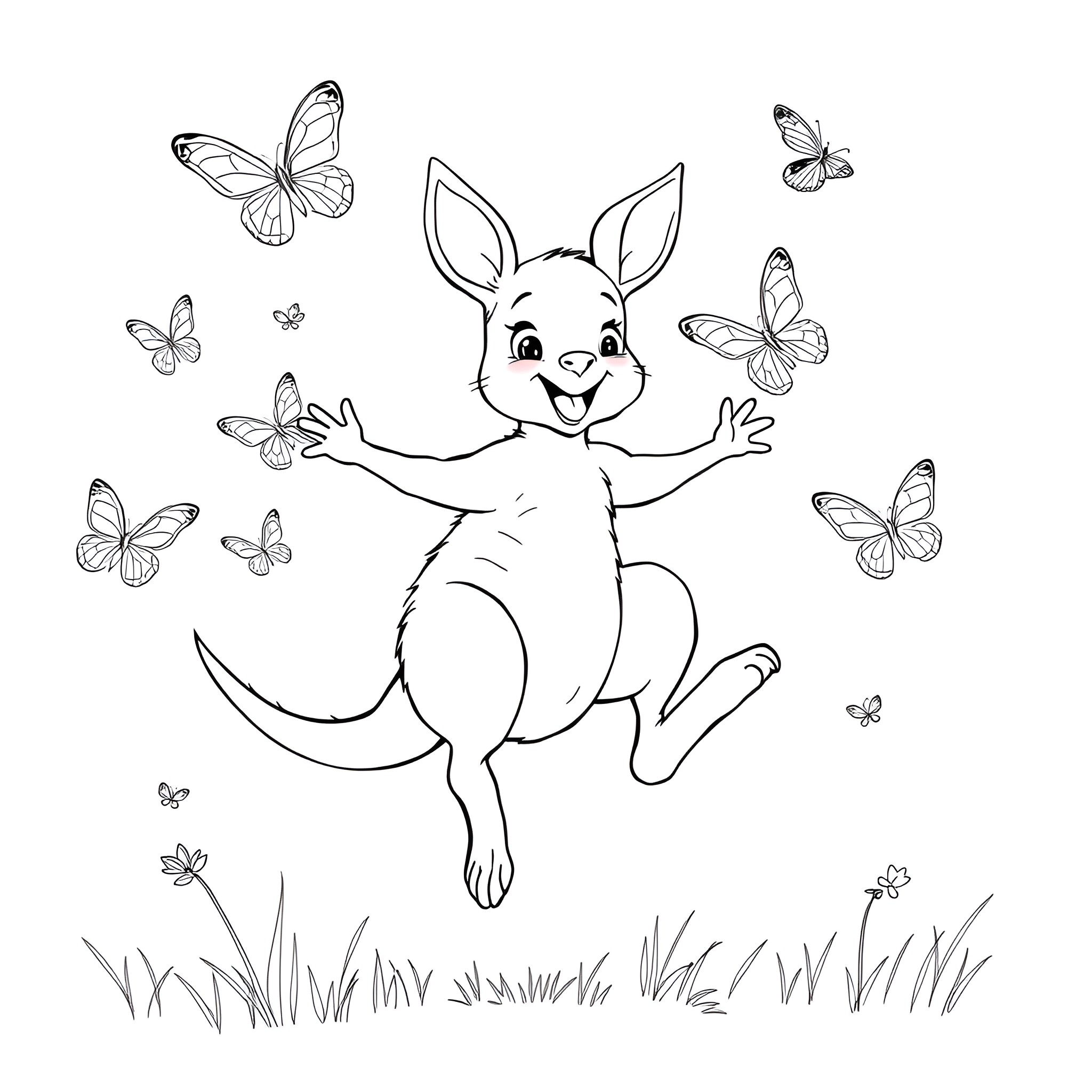 Kangaroo happily jumping with butterflies Coloring Page (free black-and-white line drawing printable PDF for all, from beginners to advanced learners, including children, teens, adults, and seniors)