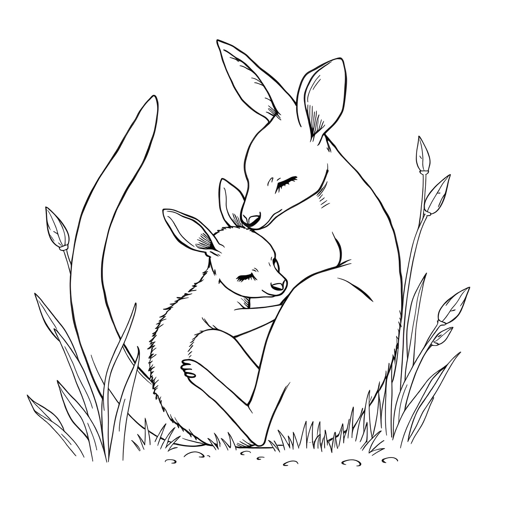 Kangaroo mother and baby in nature Coloring Page (free black-and-white line drawing printable PDF for all, from beginners to advanced learners, including children, teens, adults, and seniors)