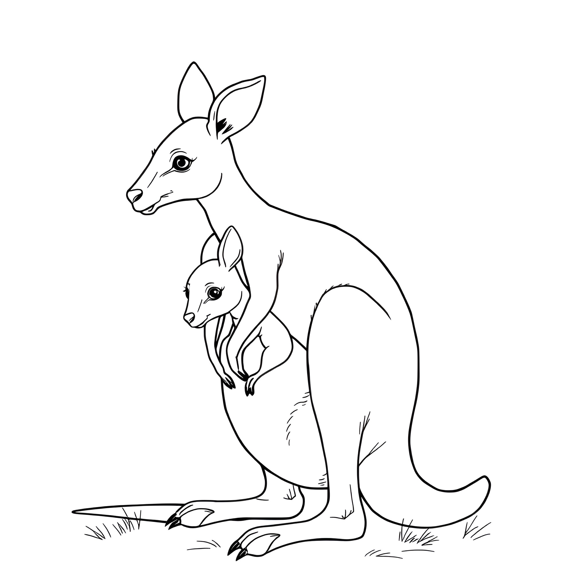 Kangaroo mother and baby in the wild Coloring Page (free black-and-white line drawing printable PDF for all, from beginners to advanced learners, including children, teens, adults, and seniors)