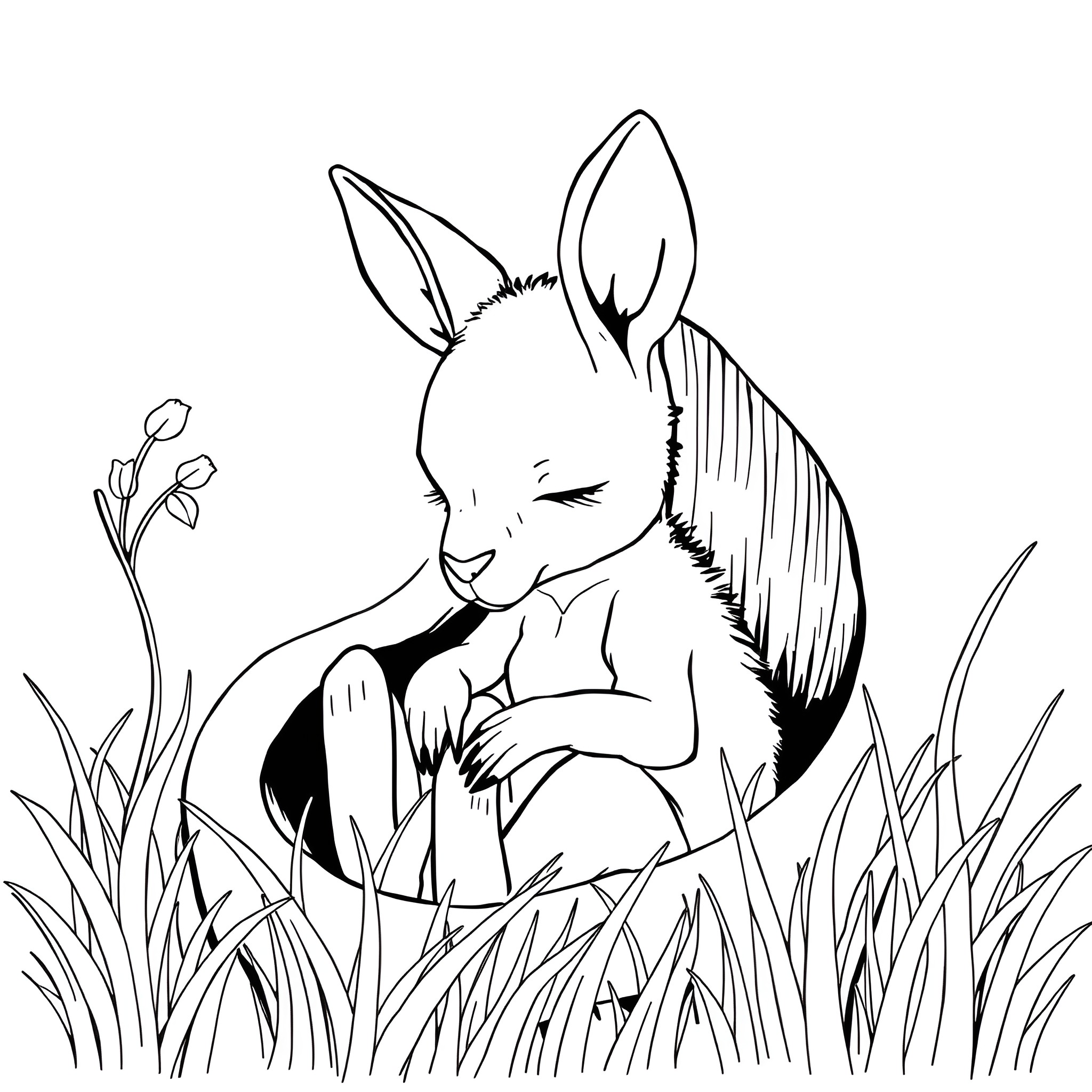 Baby Kangaroo relaxing in the grassy field Coloring Page (free black-and-white line drawing printable PDF for all, from beginners to advanced learners, including children, teens, adults, and seniors)