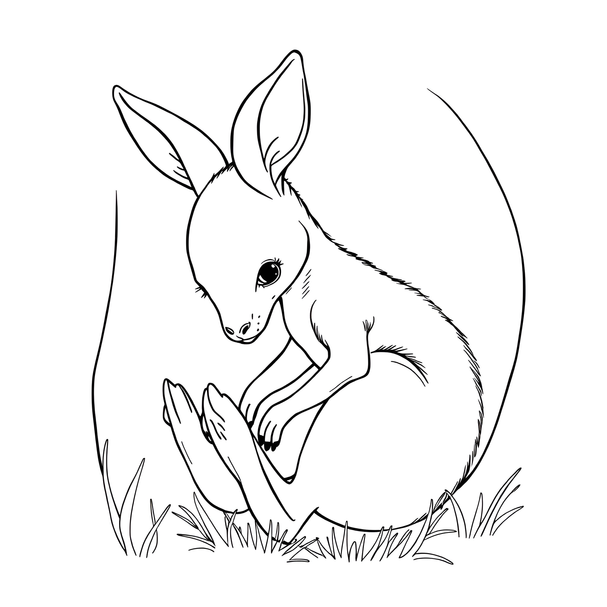 Baby Kangaroo Hopping in the Grass Coloring Page (free black-and-white line drawing printable PDF for all, from beginners to advanced learners, including children, teens, adults, and seniors)
