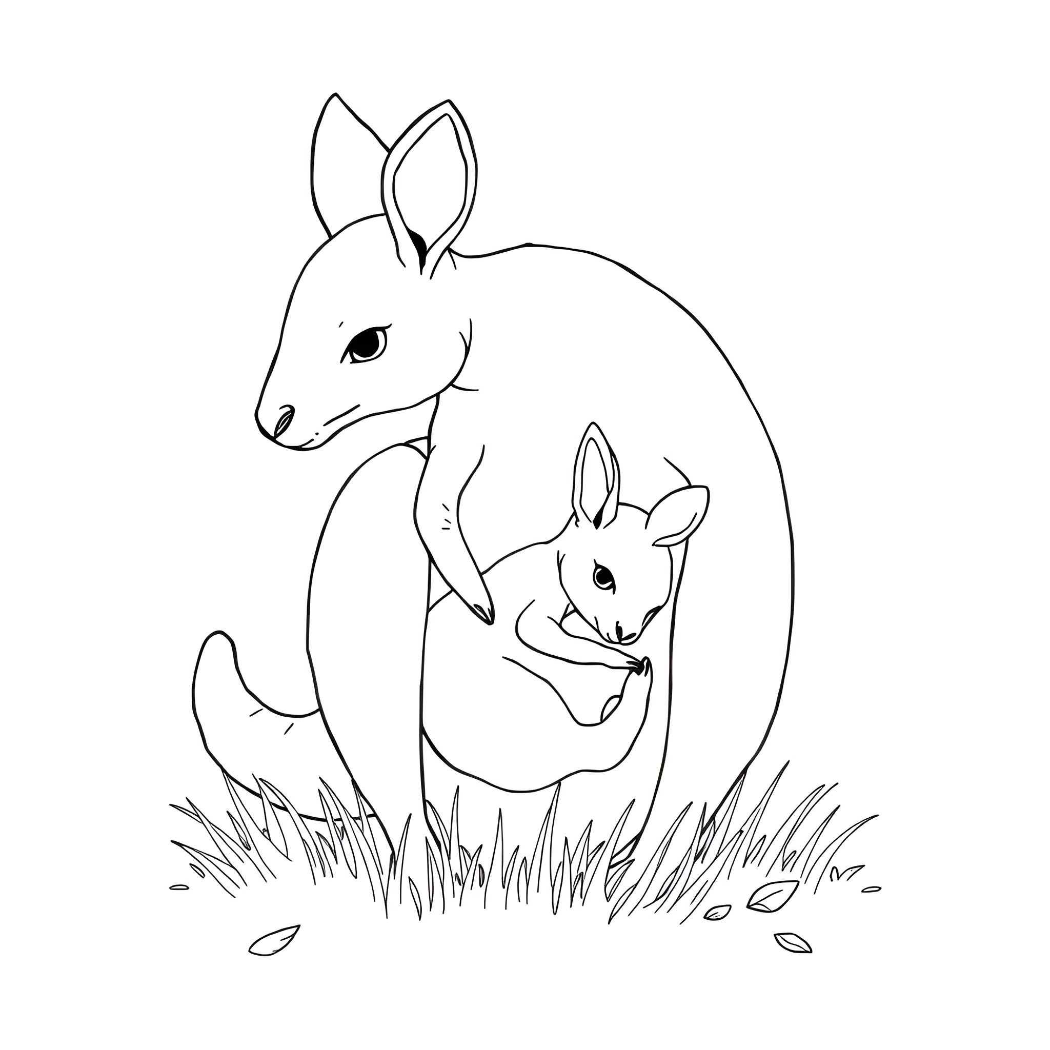 Baby Kangaroos in the Grassy Field Coloring Page (free black-and-white line drawing printable PDF for all, from beginners to advanced learners, including children, teens, adults, and seniors)