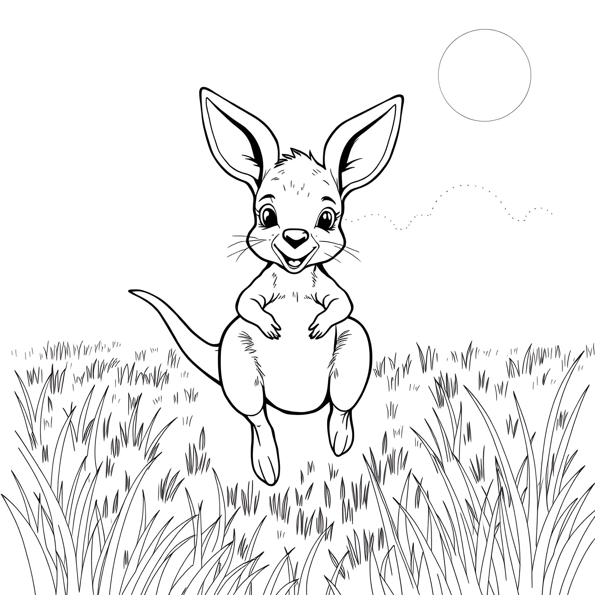 Kangaroo hopping happily in the meadow Coloring Page (free black-and-white line drawing printable PDF for all, from beginners to advanced learners, including children, teens, adults, and seniors)