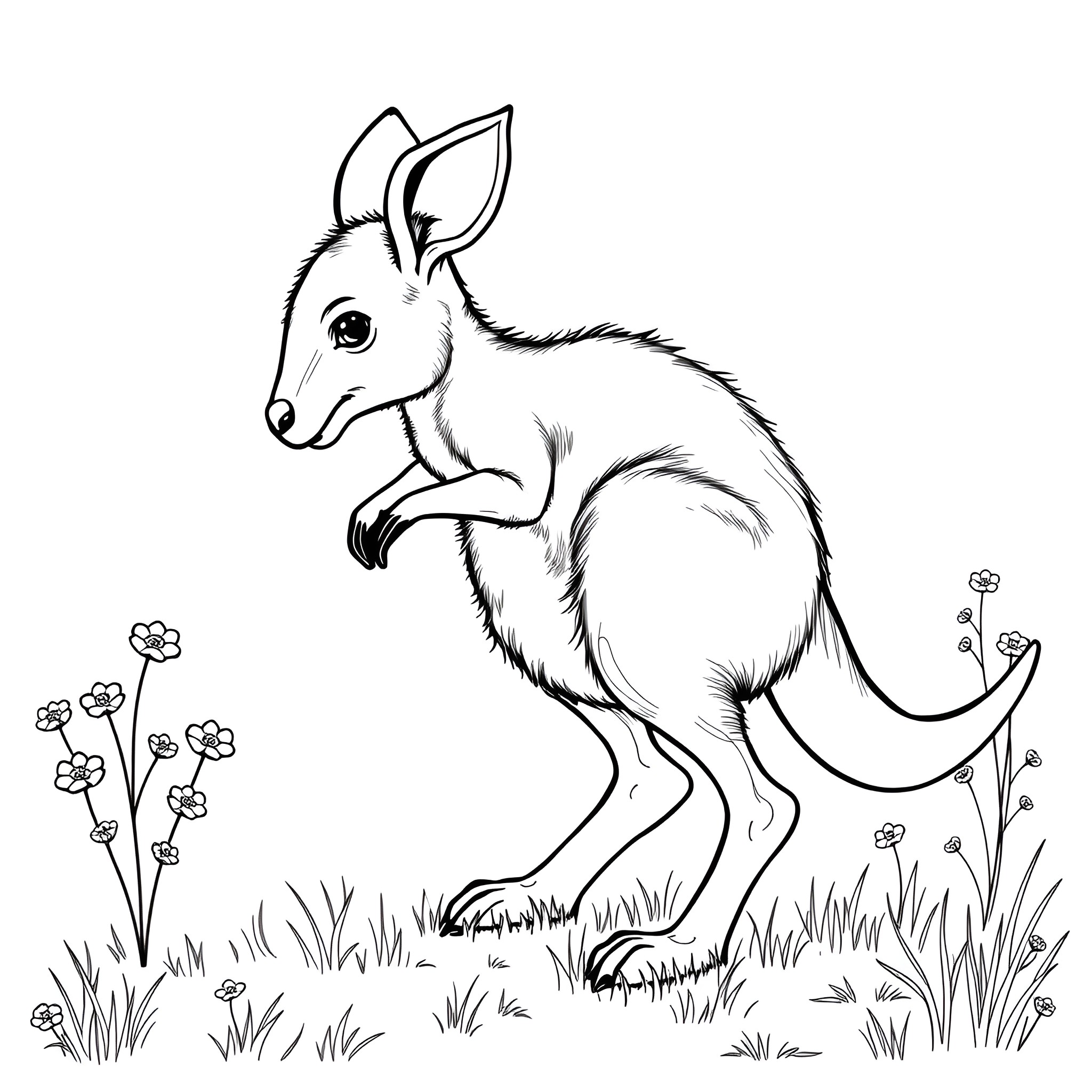 Baby Kangaroo in Grassy Field Coloring Page (free black-and-white line drawing printable PDF for all, from beginners to advanced learners, including children, teens, adults, and seniors)