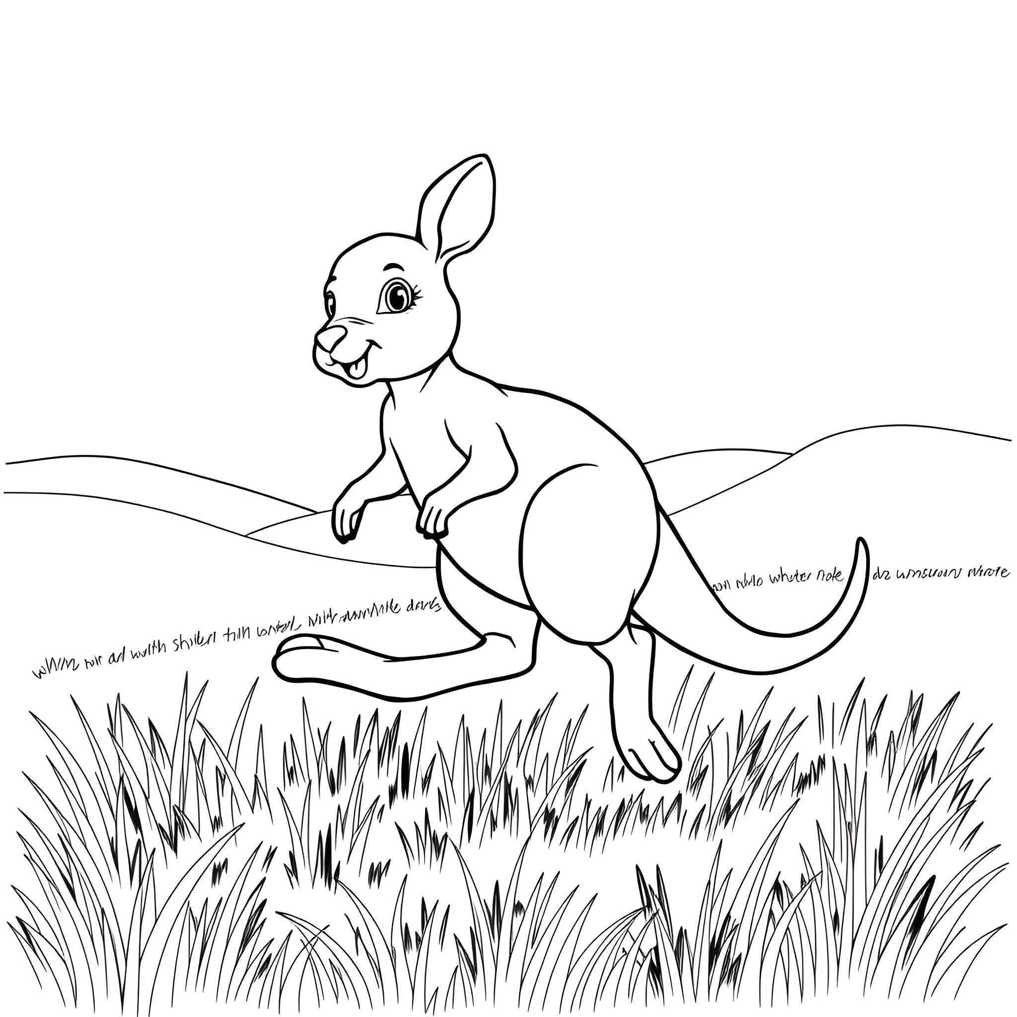 Baby Kangaroo Hopping in the Grass Coloring Page (free black-and-white line drawing printable PDF for all, from beginners to advanced learners, including children, teens, adults, and seniors)