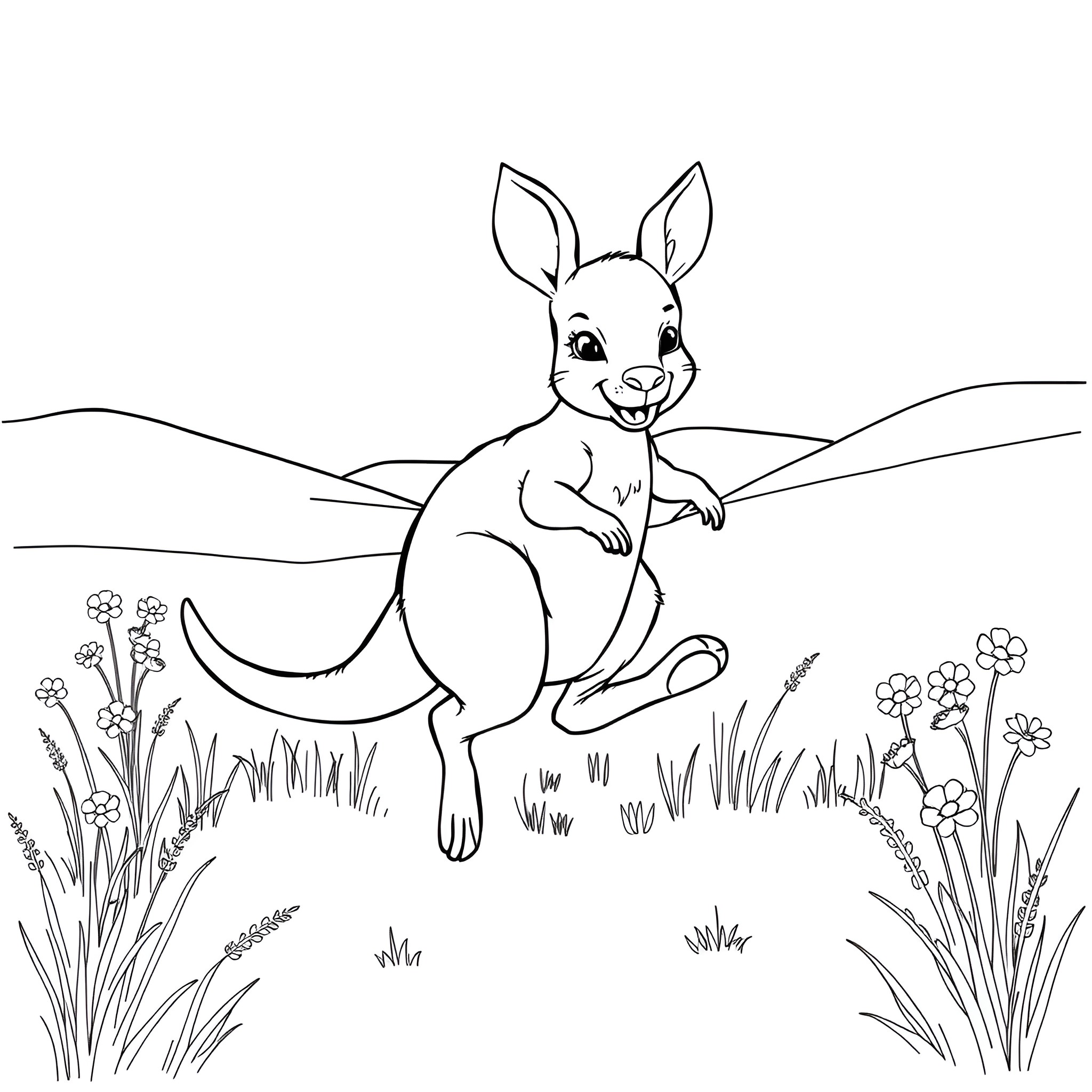 Kangaroo jumping happily in the meadow Coloring Page (free black-and-white line drawing printable PDF for all, from beginners to advanced learners, including children, teens, adults, and seniors)