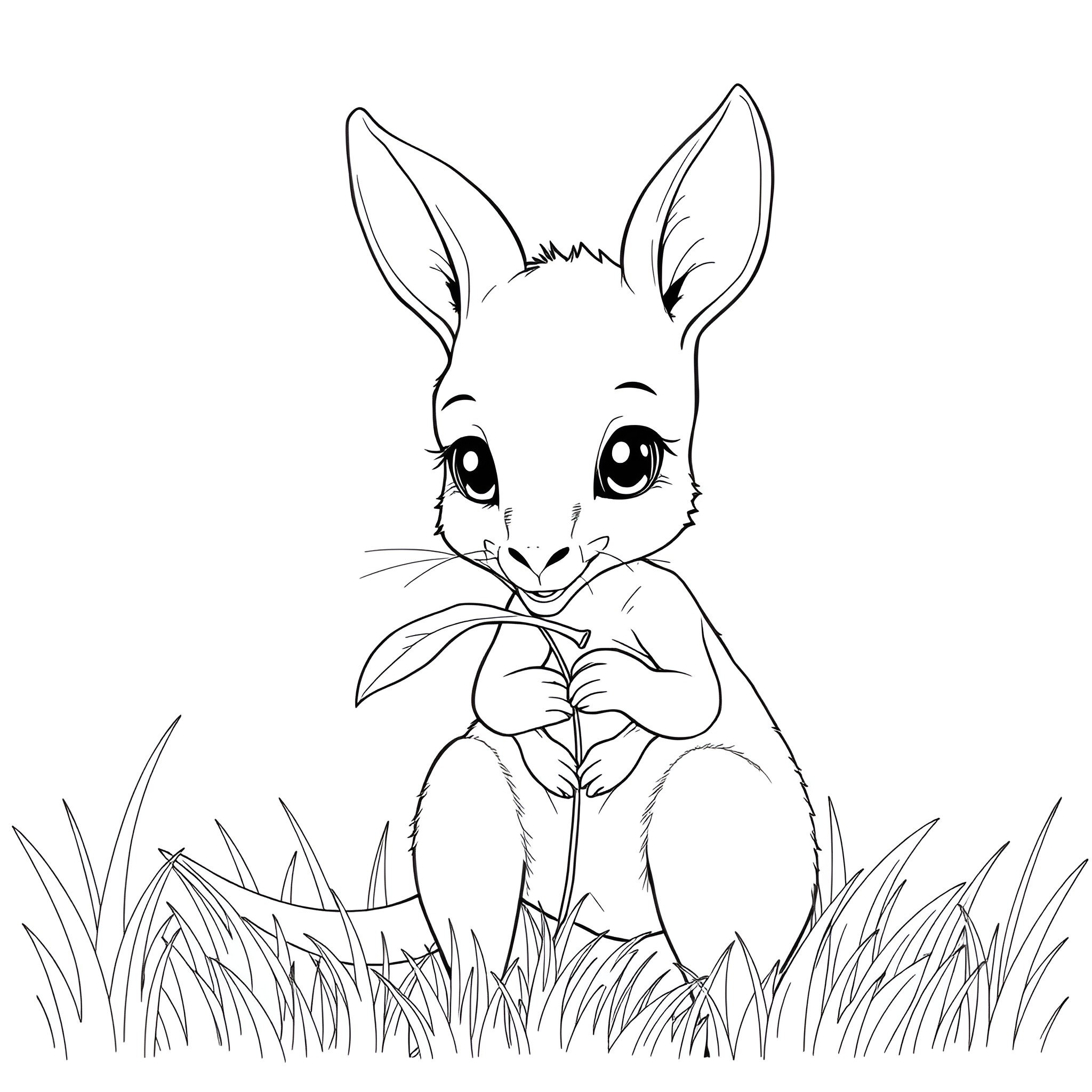 Baby Kangaroo Sitting Cutely in the Grass Coloring Page (free black-and-white line drawing printable PDF for all, from beginners to advanced learners, including children, teens, adults, and seniors)