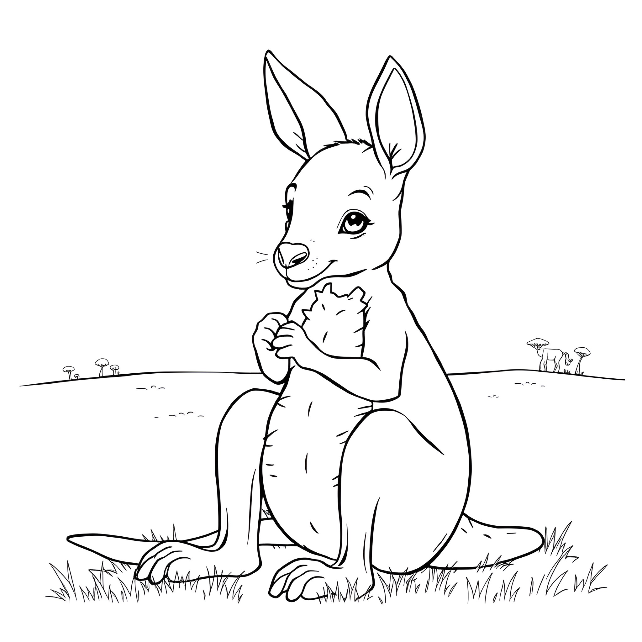 Kangaroo relaxing in a grassy field Coloring Page (free black-and-white line drawing printable PDF for all, from beginners to advanced learners, including children, teens, adults, and seniors)