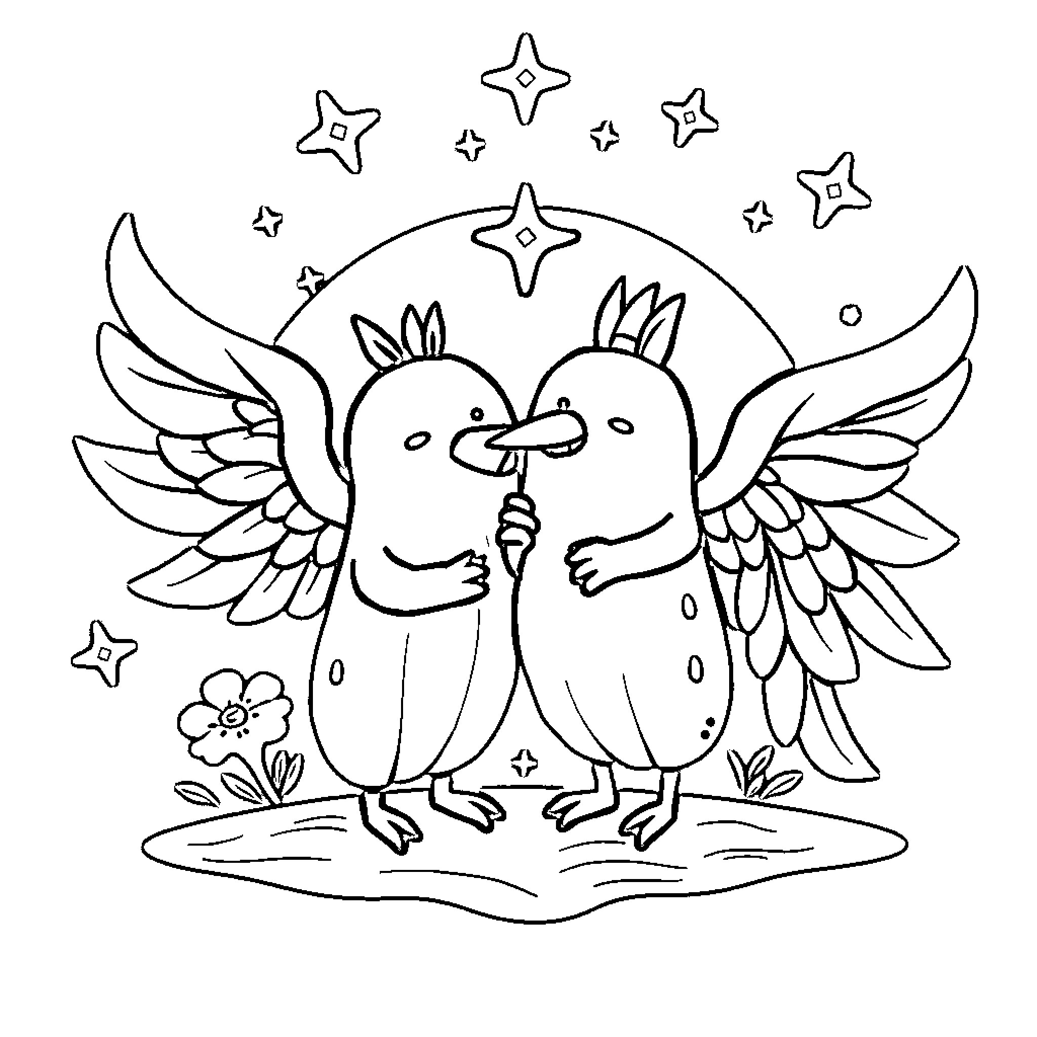 Audifono birds playing under starry night Coloring Page (free black-and-white line drawing printable PDF for all, from beginners to advanced learners, including children, teens, adults, and seniors)
