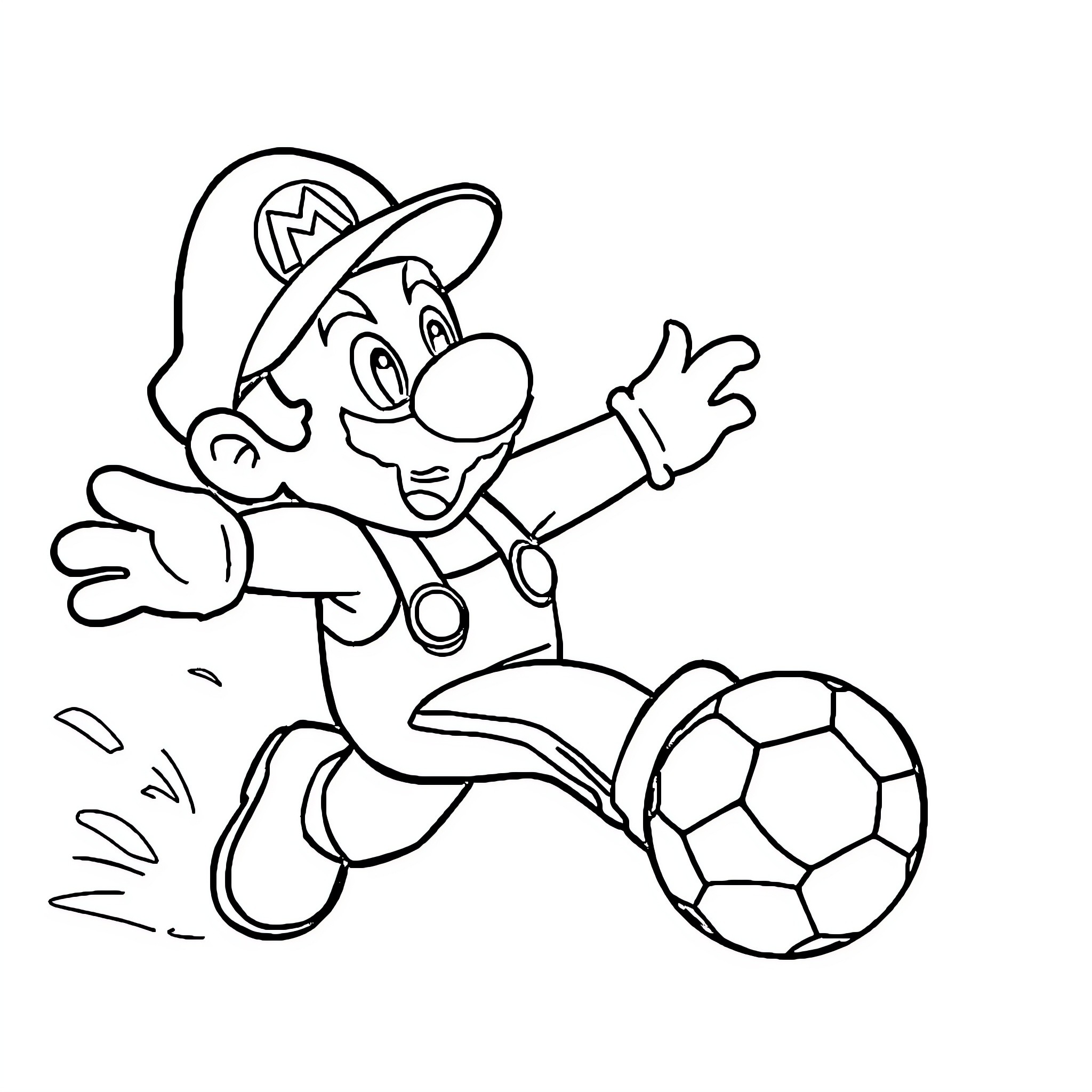 Super Mario Playing Soccer Enthusiastically Coloring Page (free black-and-white line drawing printable PDF for all, from beginners to advanced learners, including children, teens, adults, and seniors)