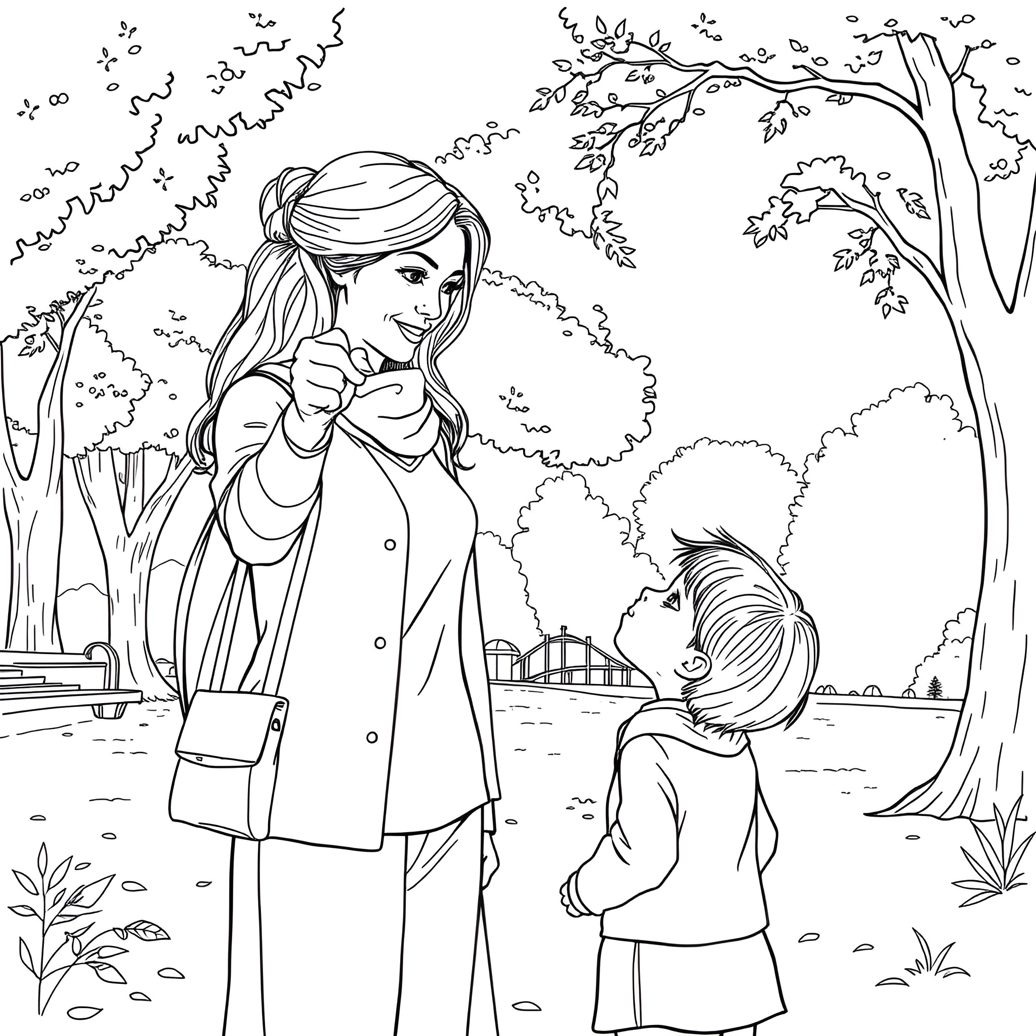 Mother and child enjoying nature's beauty in the park Coloring Page (free black-and-white line drawing printable PDF for all, from beginners to advanced learners, including children, teens, adults, and seniors)
