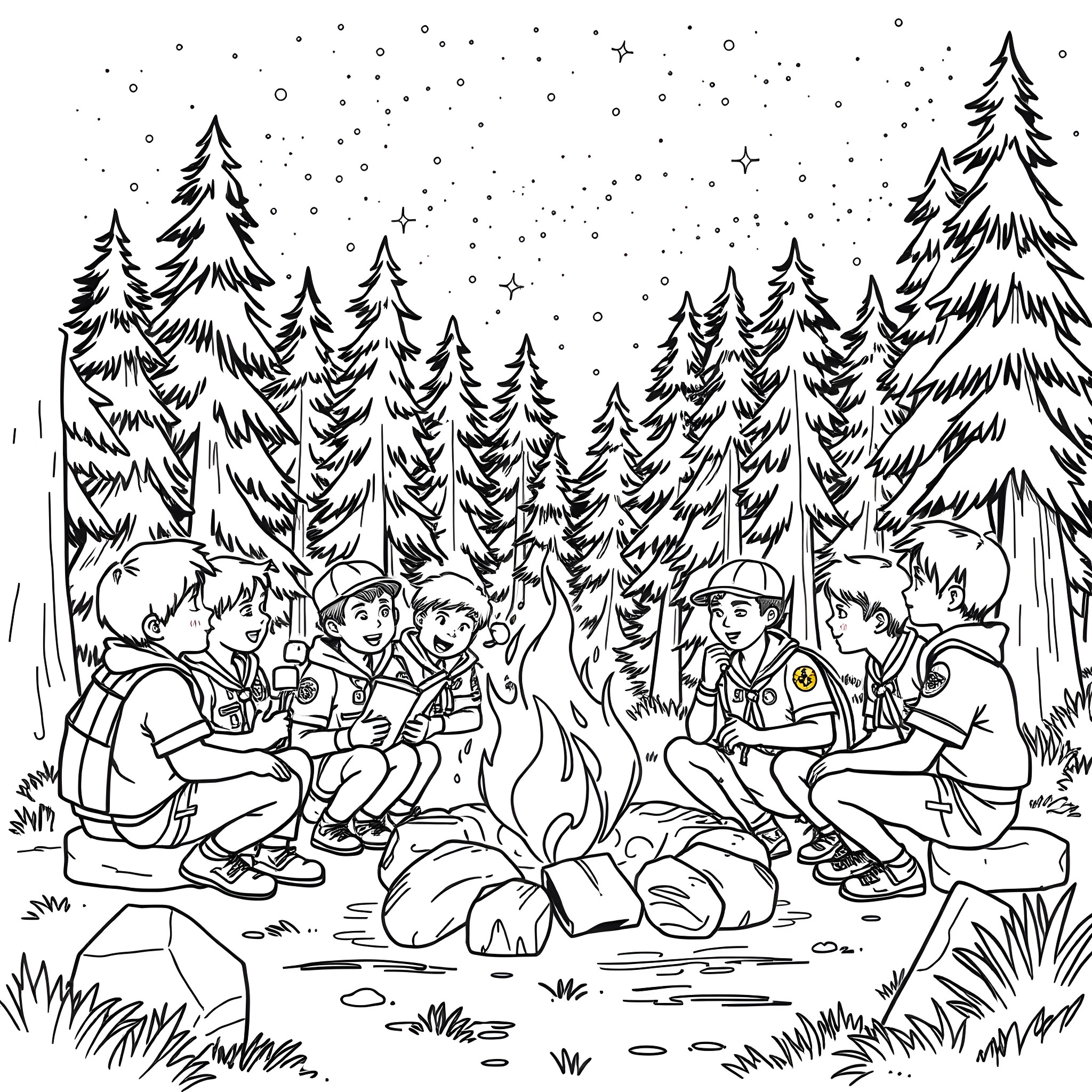 Boy Scouts Enjoying Campfire in Snowy Forest Coloring Page (free black-and-white line drawing printable PDF for all, from beginners to advanced learners, including children, teens, adults, and seniors)