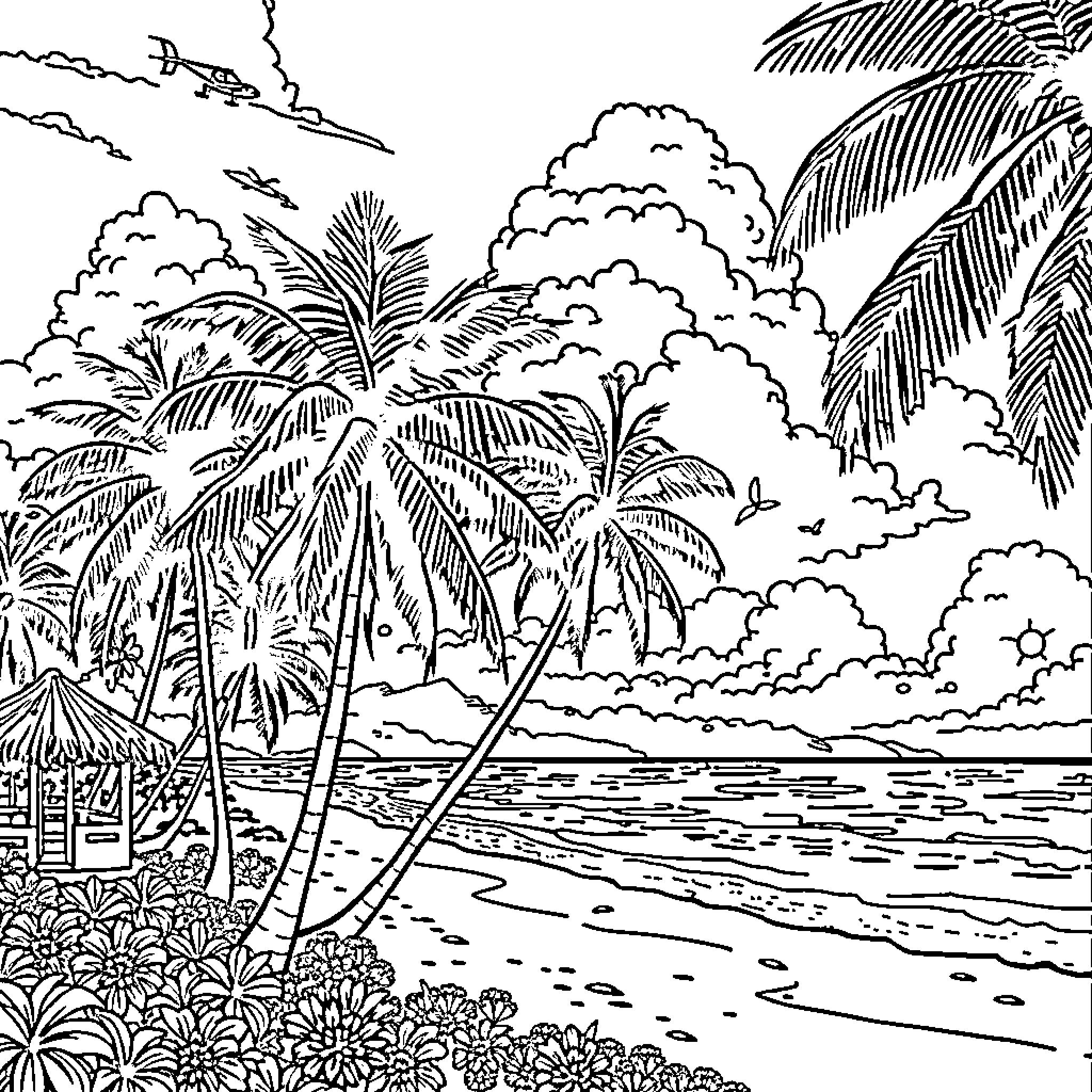 Jamaica's Tropical Beachside Paradise Coloring Page (free black-and-white line drawing printable PDF for all, from beginners to advanced learners, including children, teens, adults, and seniors)