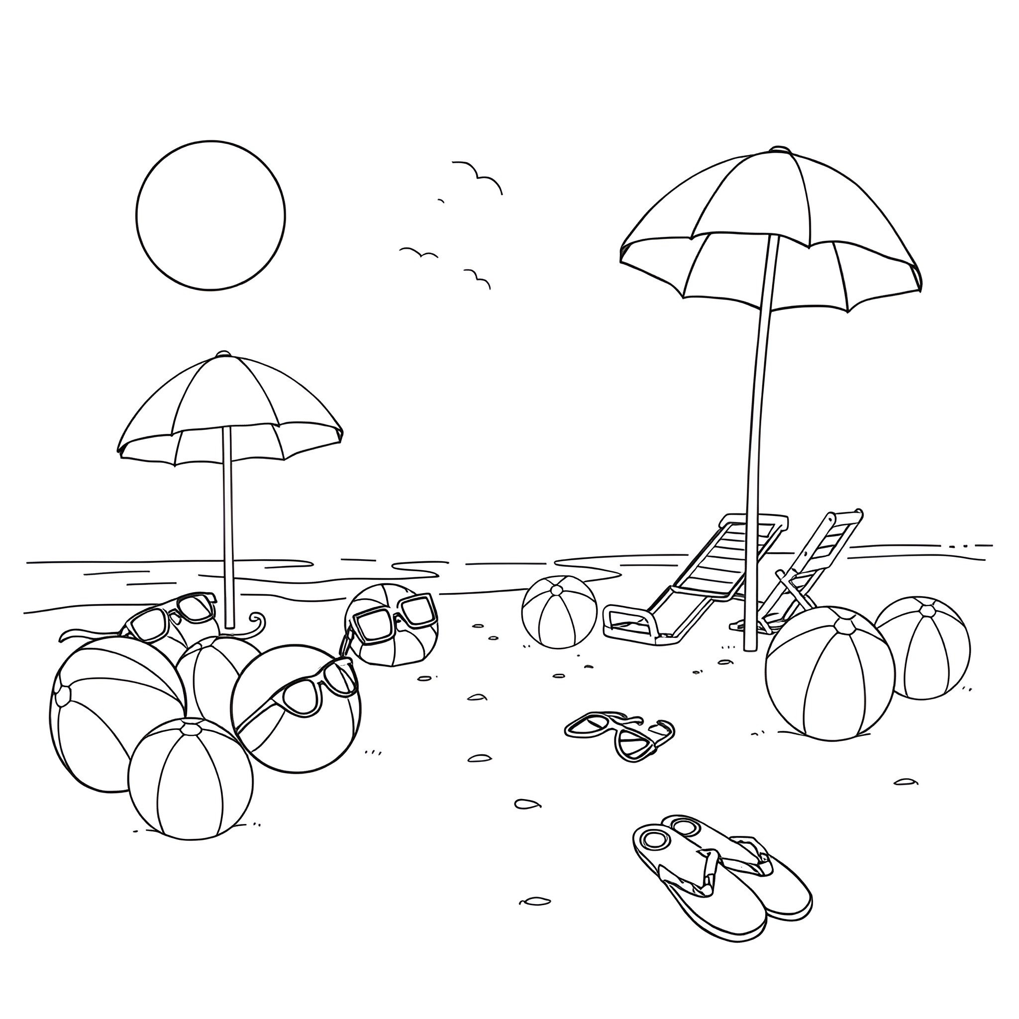 Summer Object: Beach Scene with Umbrellas and Toys Coloring Page (free black-and-white line drawing printable PDF for all, from beginners to advanced learners, including children, teens, adults, and seniors)