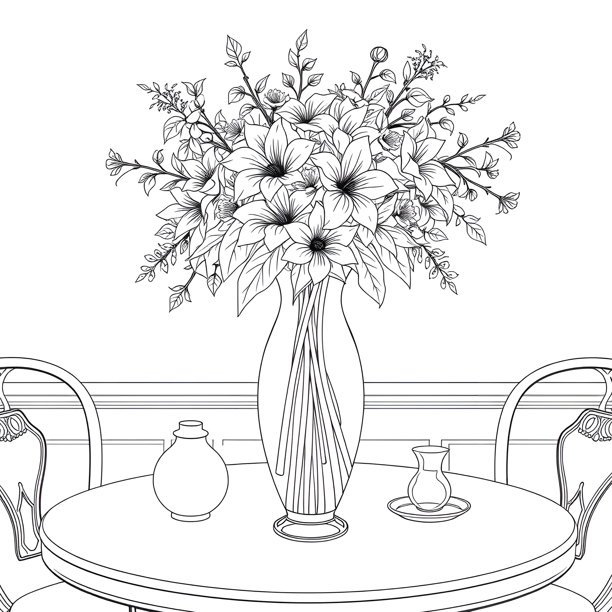 Vase of Elegant Floral Arrangement on Dining Table Coloring Page (free black-and-white line drawing printable PDF for all, from beginners to advanced learners, including children, teens, adults, and seniors)