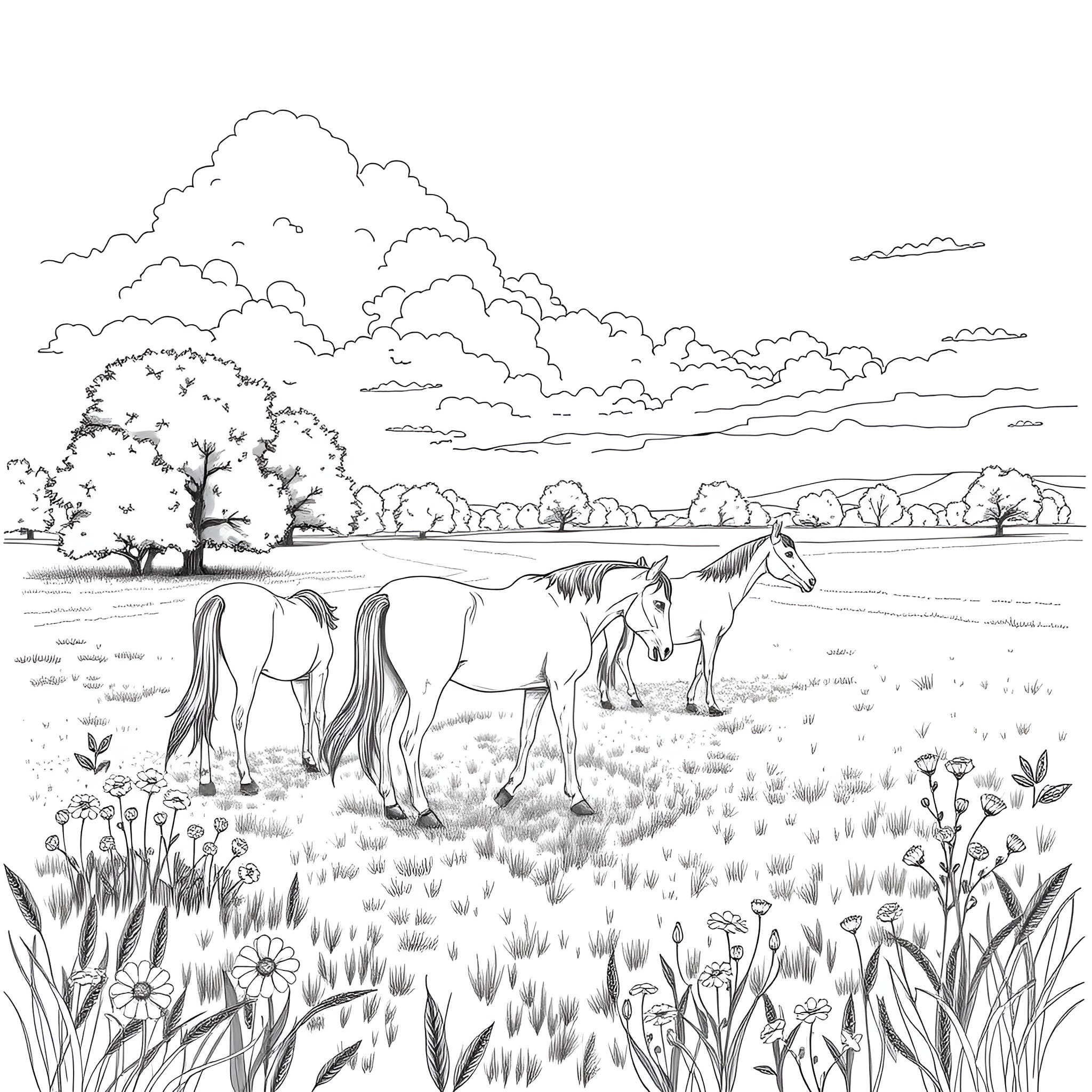 Horses grazing peacefully in a scenic field Coloring Page (free black-and-white line drawing printable PDF for all, from beginners to advanced learners, including children, teens, adults, and seniors)