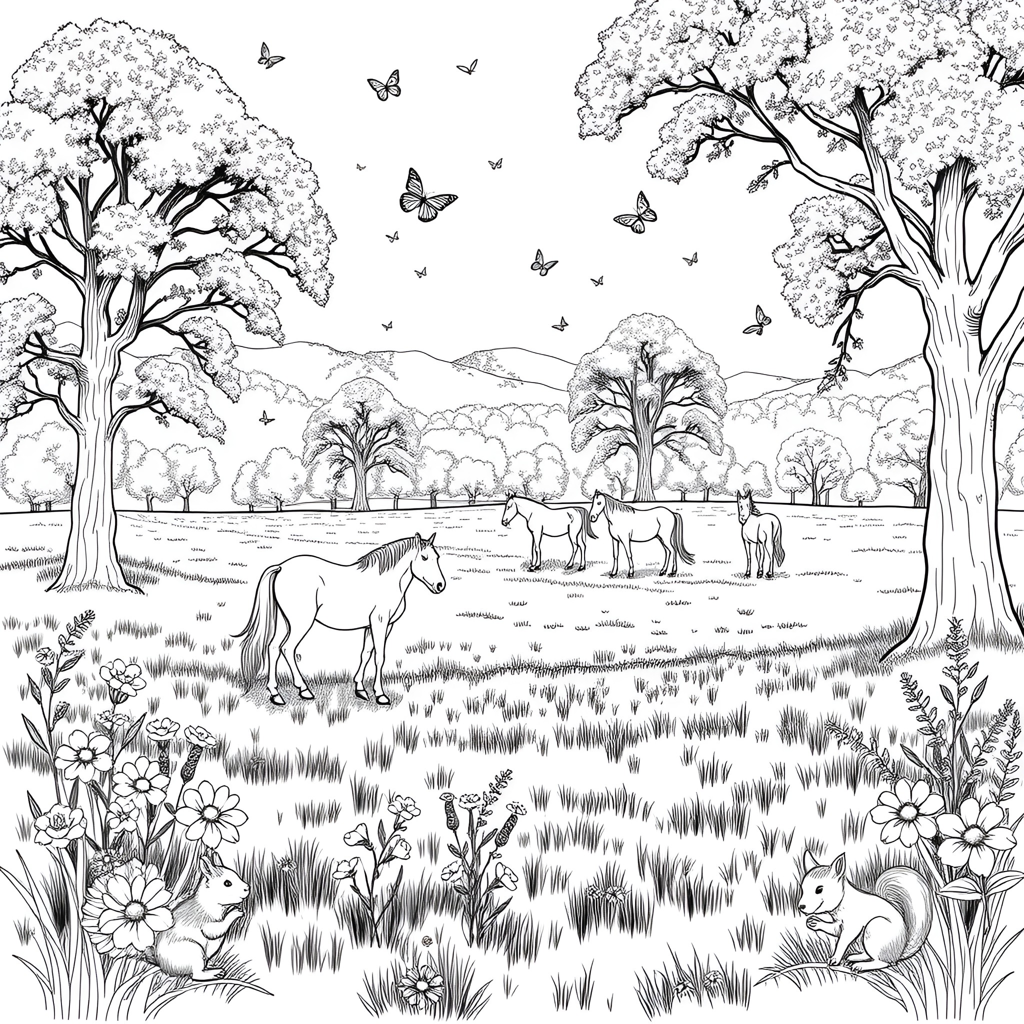 Horse Herd Grazing in Scenic Woodland Landscape Coloring Page (free black-and-white line drawing printable PDF for all, from beginners to advanced learners, including children, teens, adults, and seniors)