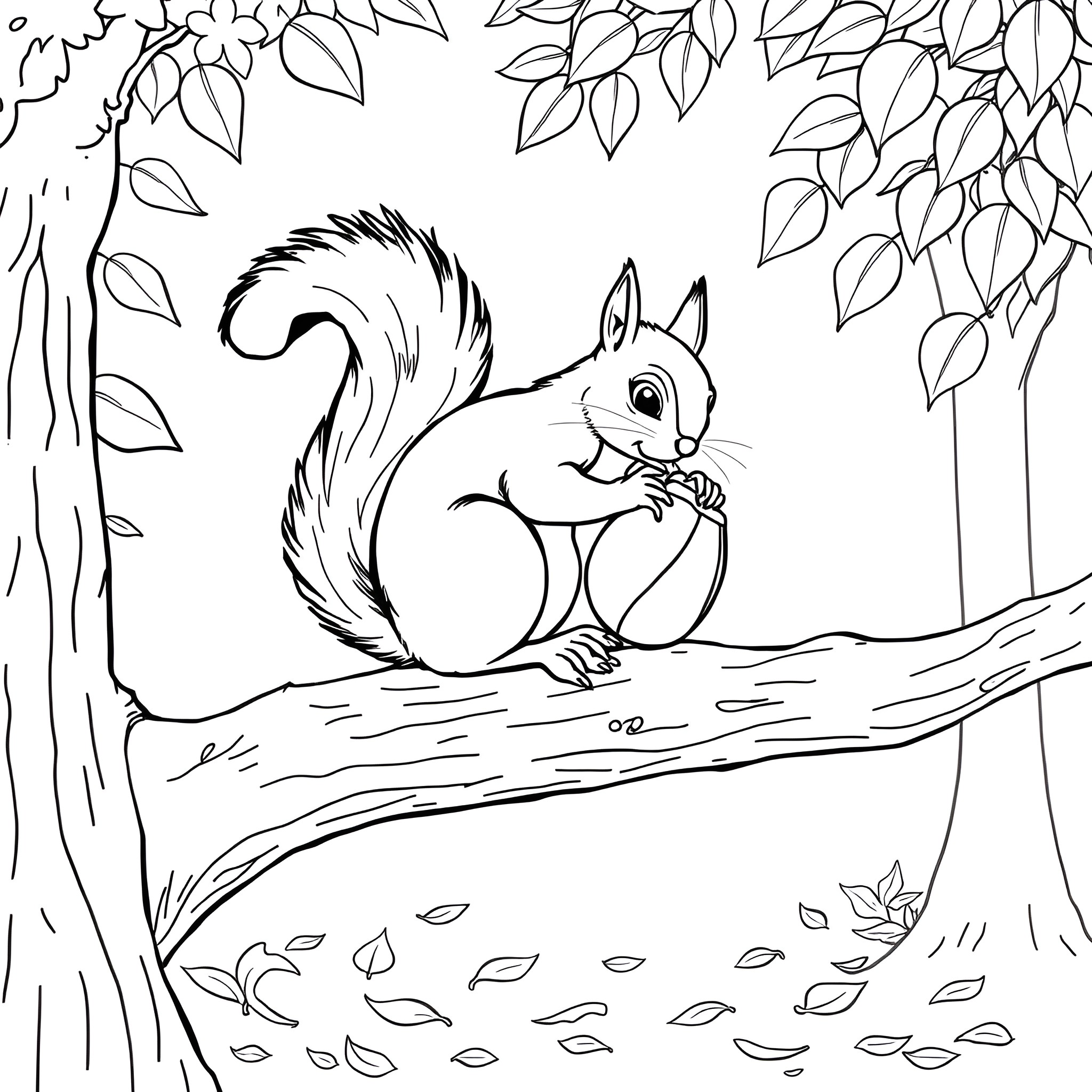 Squirrel enjoying a snack in the forest Coloring Page (free black-and-white line drawing printable PDF for all, from beginners to advanced learners, including children, teens, adults, and seniors)