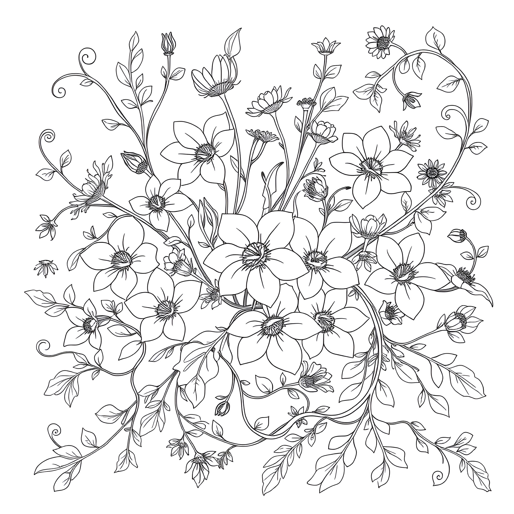 Flower Garden with Blooming Flowers and Vines Coloring Page (free black-and-white line drawing printable PDF for all, from beginners to advanced learners, including children, teens, adults, and seniors)