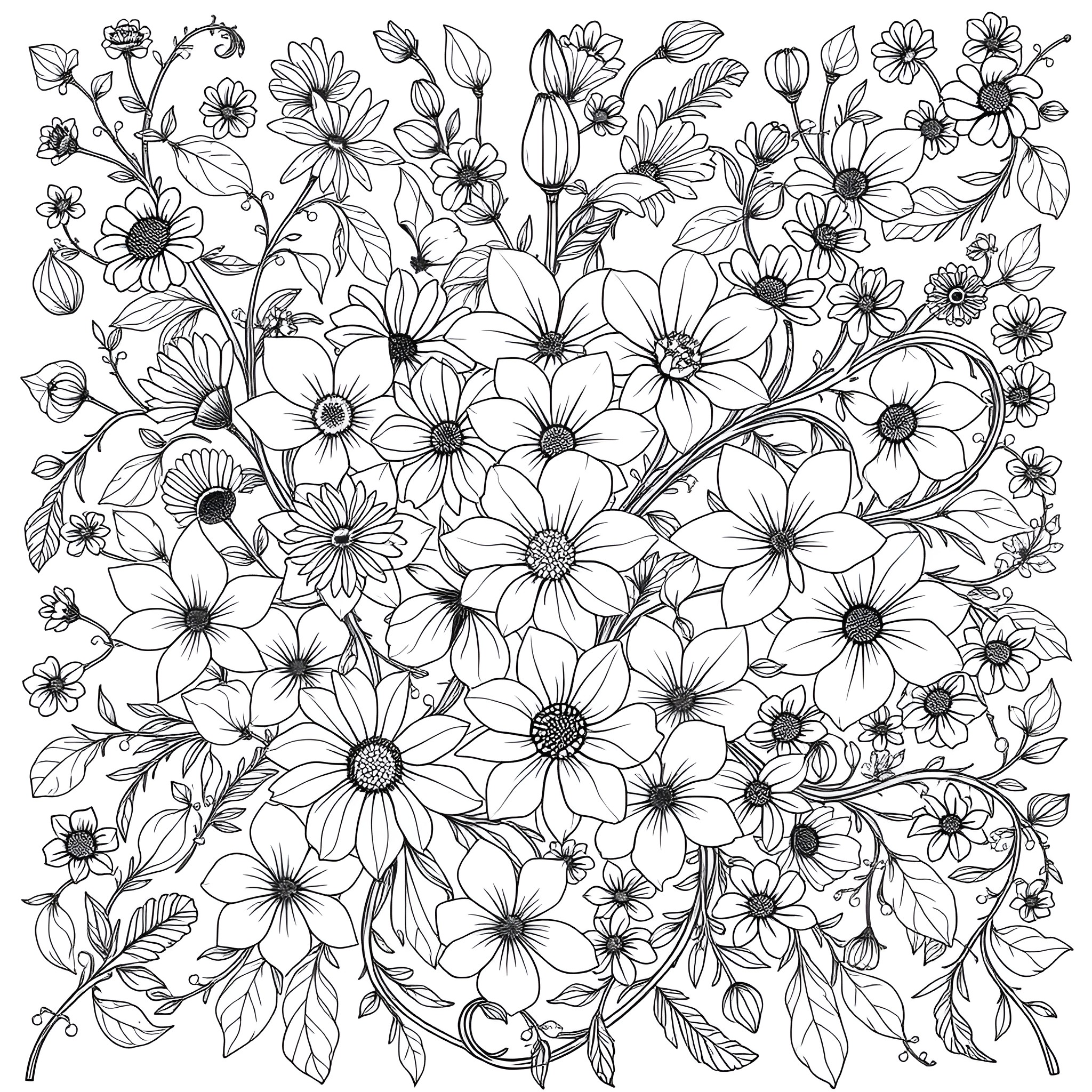 Flower field filled with blossoming flowers Coloring Page (free black-and-white line drawing printable PDF for all, from beginners to advanced learners, including children, teens, adults, and seniors)