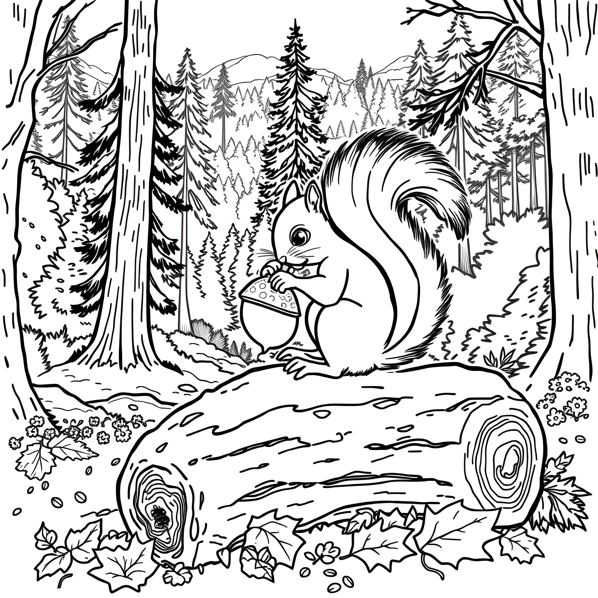 Squirrel collecting acorns in the forest Coloring Page (free black-and-white line drawing printable PDF for all, from beginners to advanced learners, including children, teens, adults, and seniors)