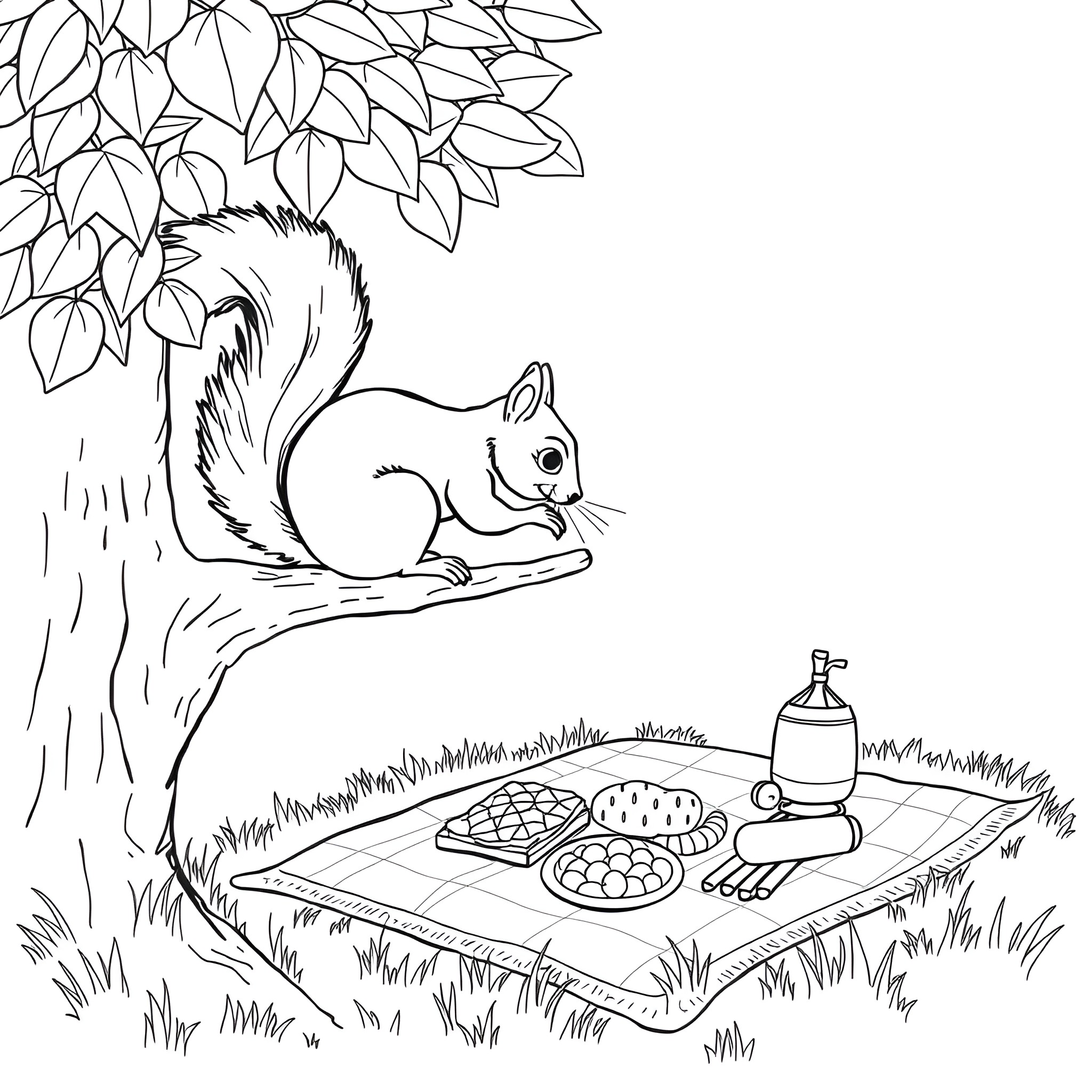 Squirrel enjoying a picnic in the park Coloring Page (free black-and-white line drawing printable PDF for all, from beginners to advanced learners, including children, teens, adults, and seniors)