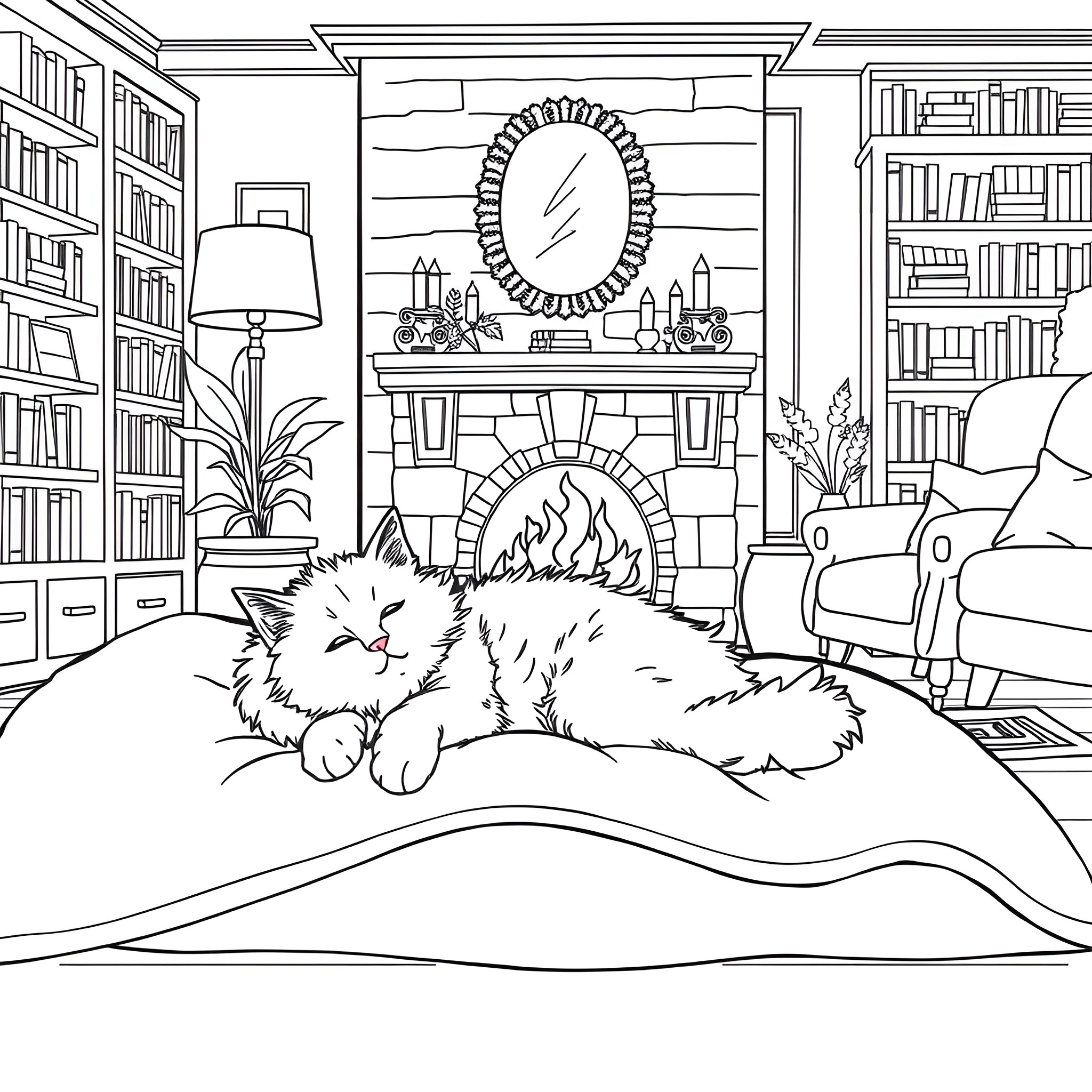 Kitty relaxing by the cozy fireplace Coloring Page (free black-and-white line drawing printable PDF for all, from beginners to advanced learners, including children, teens, adults, and seniors)