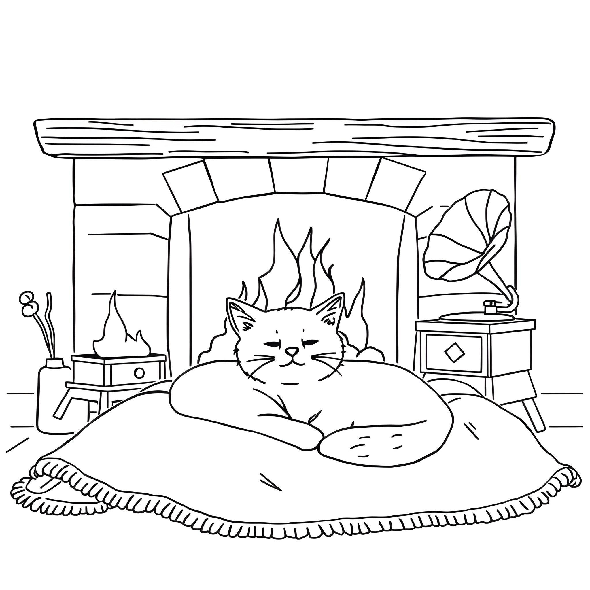 Kitty resting comfortably by the fireplace Coloring Page (free black-and-white line drawing printable PDF for all, from beginners to advanced learners, including children, teens, adults, and seniors)