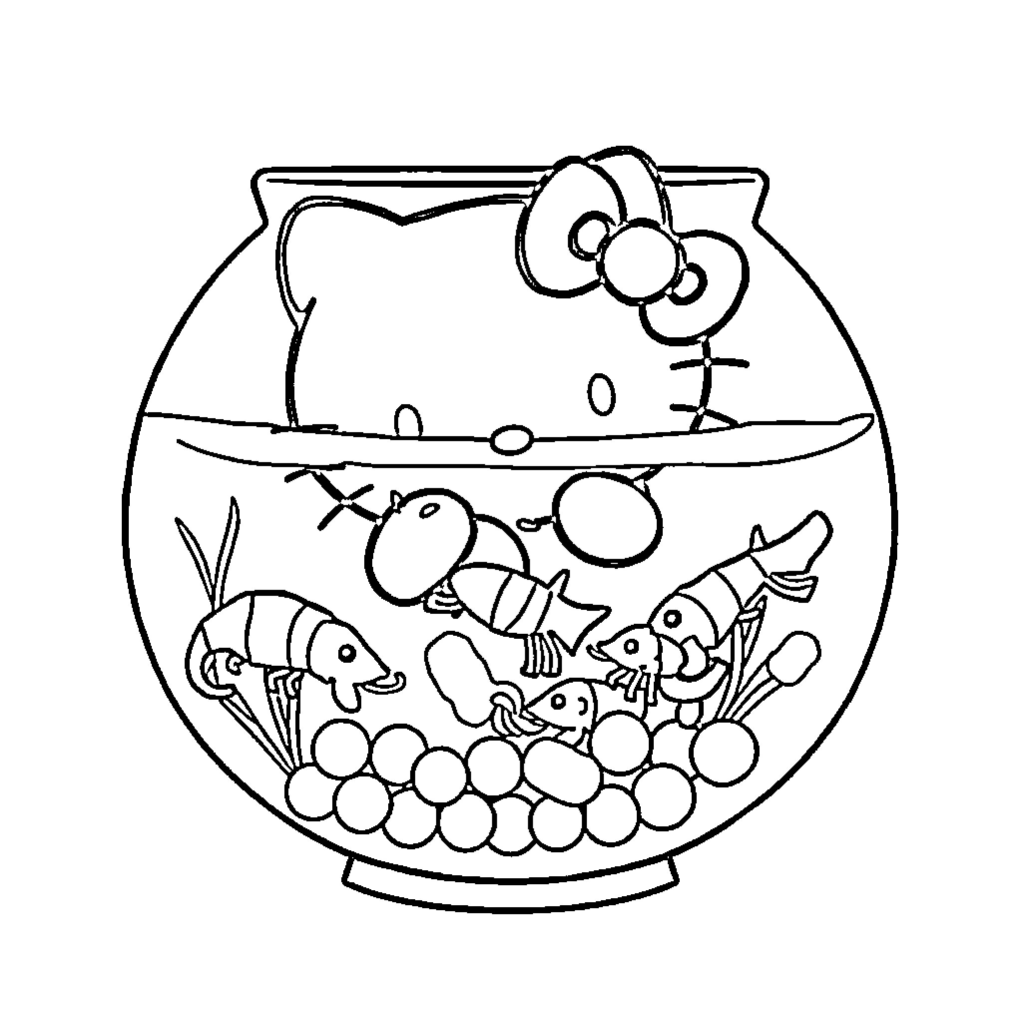 Hello Kitty's Aquarium Adventure Coloring Page (free black-and-white line drawing printable PDF for all, from beginners to advanced learners, including children, teens, adults, and seniors)