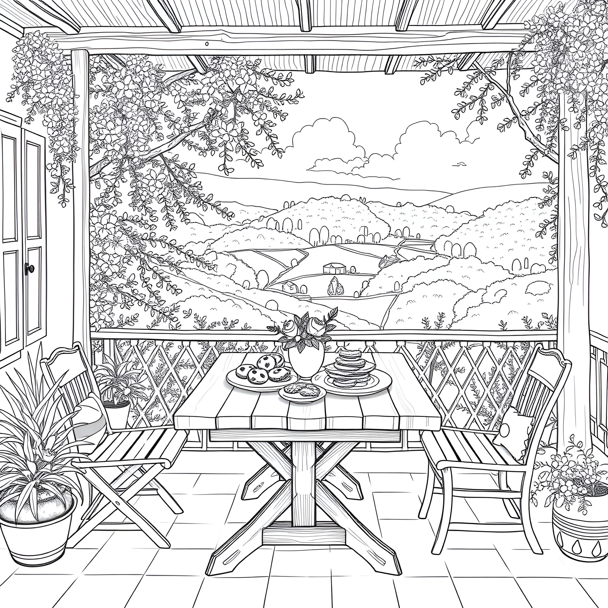 Cookie scene with outdoor table and nature view Coloring Page (free black-and-white line drawing printable PDF for all, from beginners to advanced learners, including children, teens, adults, and seniors)