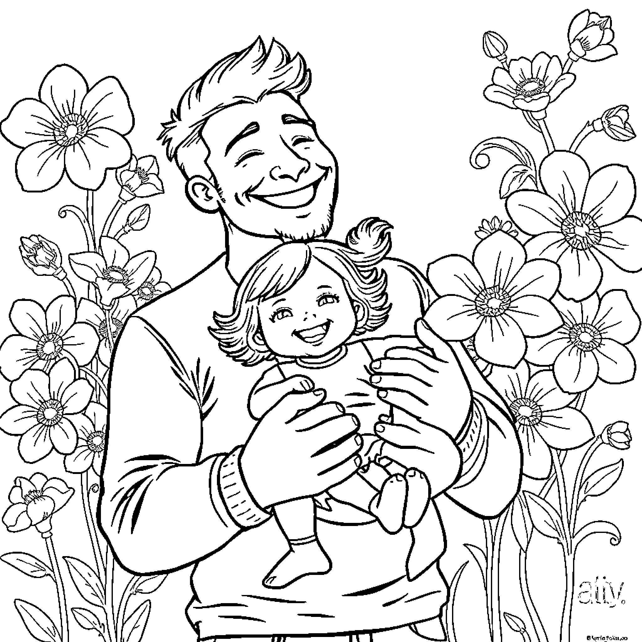 Homme embracing child in floral field Coloring Page (free black-and-white line drawing printable PDF for all, from beginners to advanced learners, including children, teens, adults, and seniors)