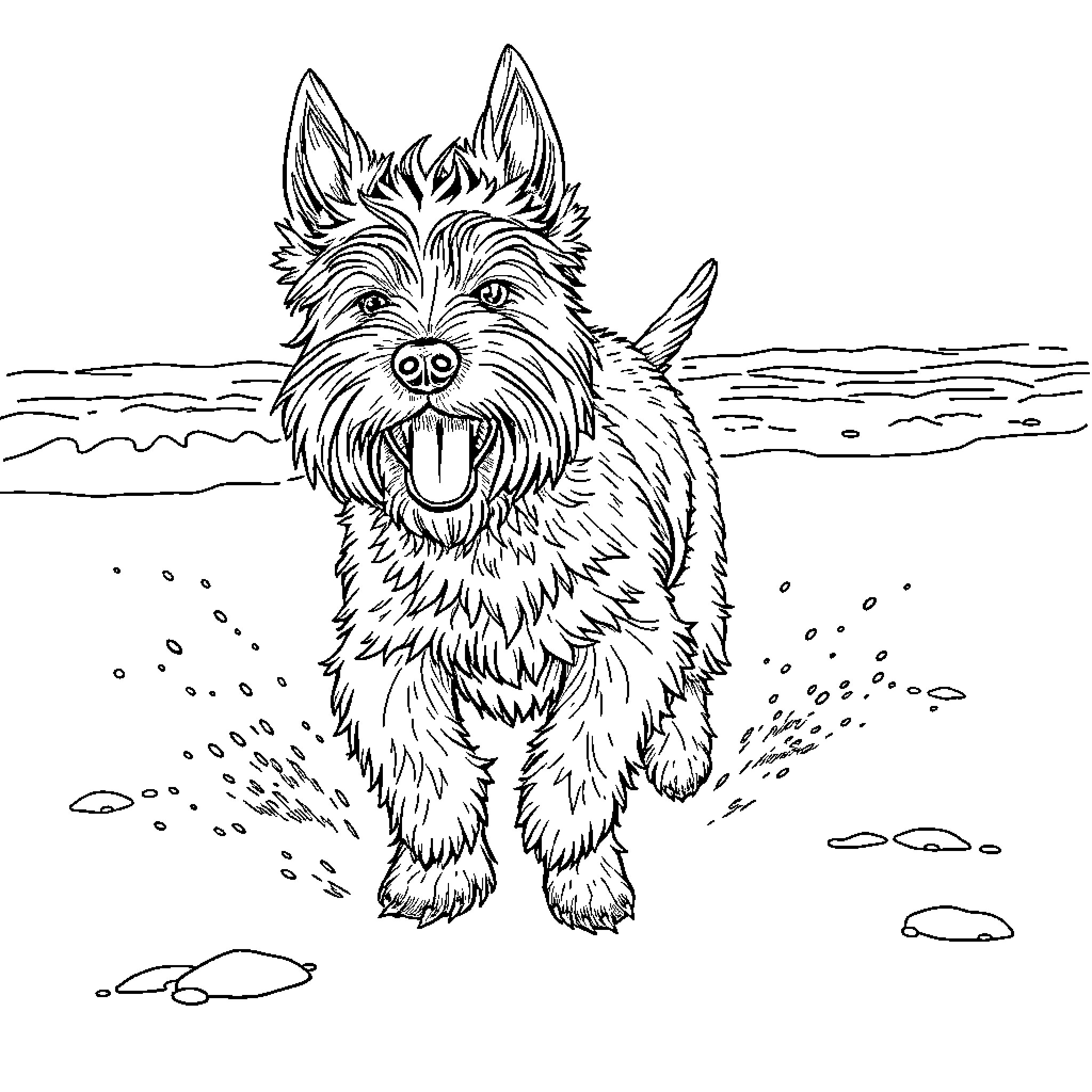 Dog playing happily on the beach Coloring Page (free black-and-white line drawing printable PDF for all, from beginners to advanced learners, including children, teens, adults, and seniors)