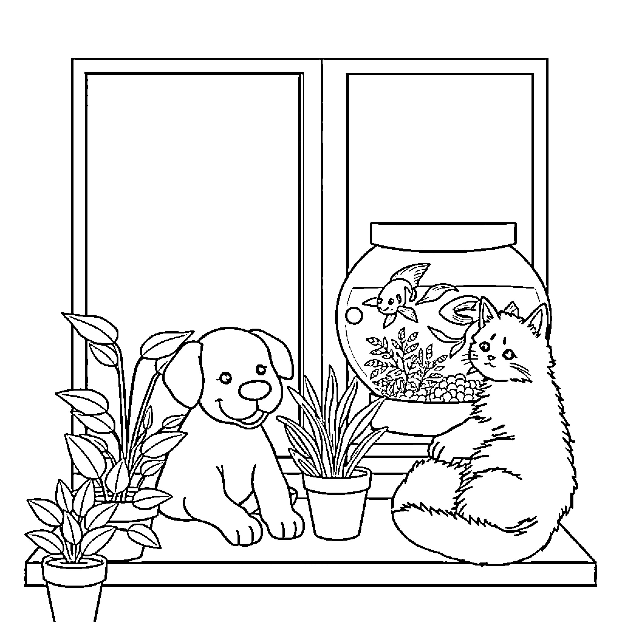 Plant and pet friends in the window Coloring Page (free black-and-white line drawing printable PDF for all, from beginners to advanced learners, including children, teens, adults, and seniors)