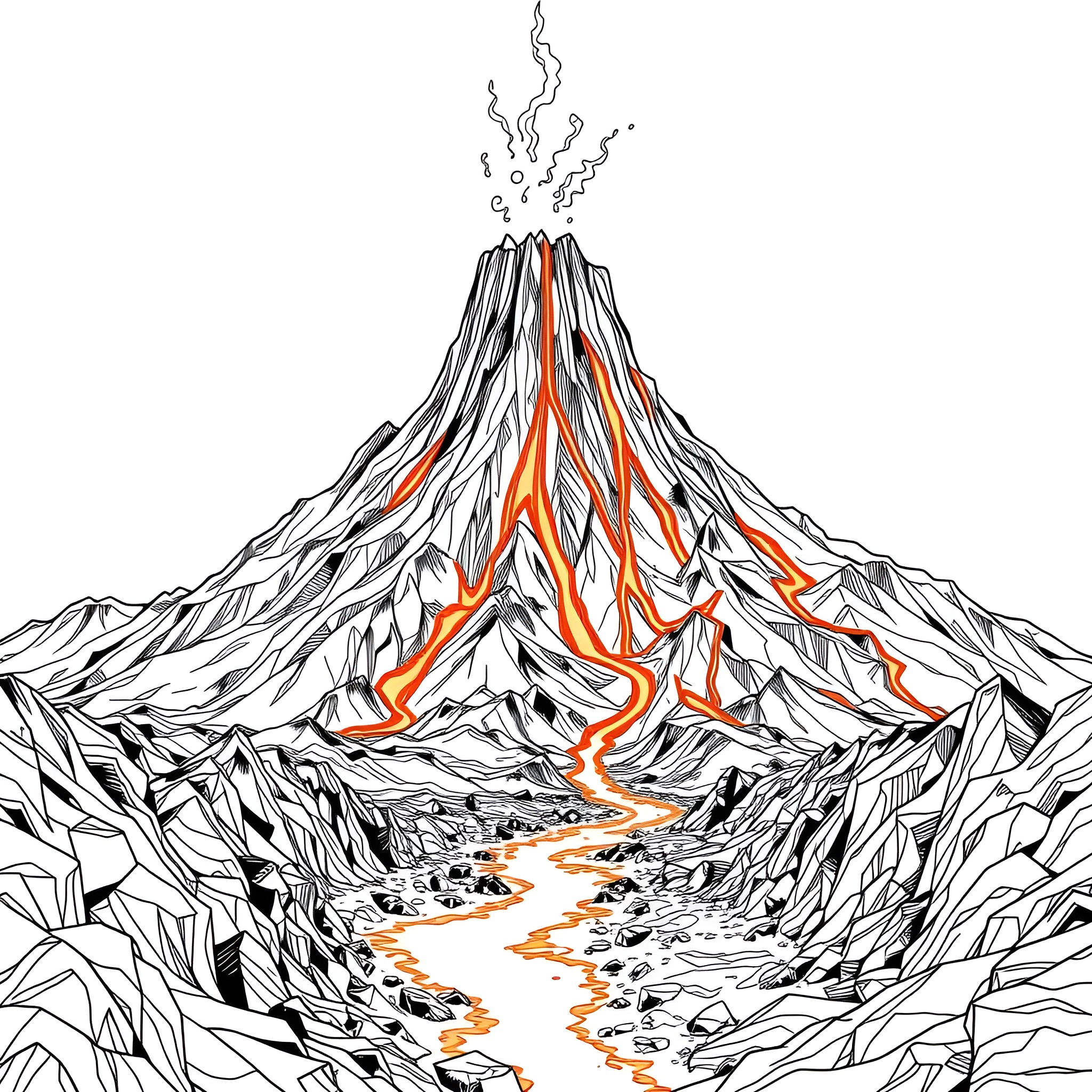 Volcano erupting with flowing lava in the rocky landscape Coloring Page (free black-and-white line drawing printable PDF for all, from beginners to advanced learners, including children, teens, adults, and seniors)