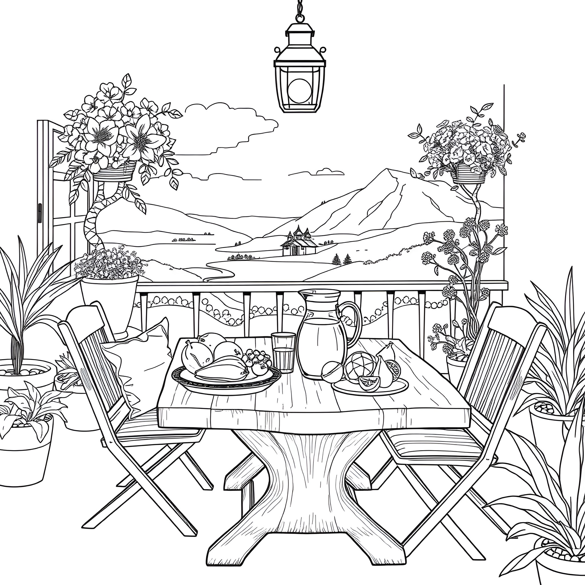 Table set with mountain landscape Coloring Page (free black-and-white line drawing printable PDF for all, from beginners to advanced learners, including children, teens, adults, and seniors)