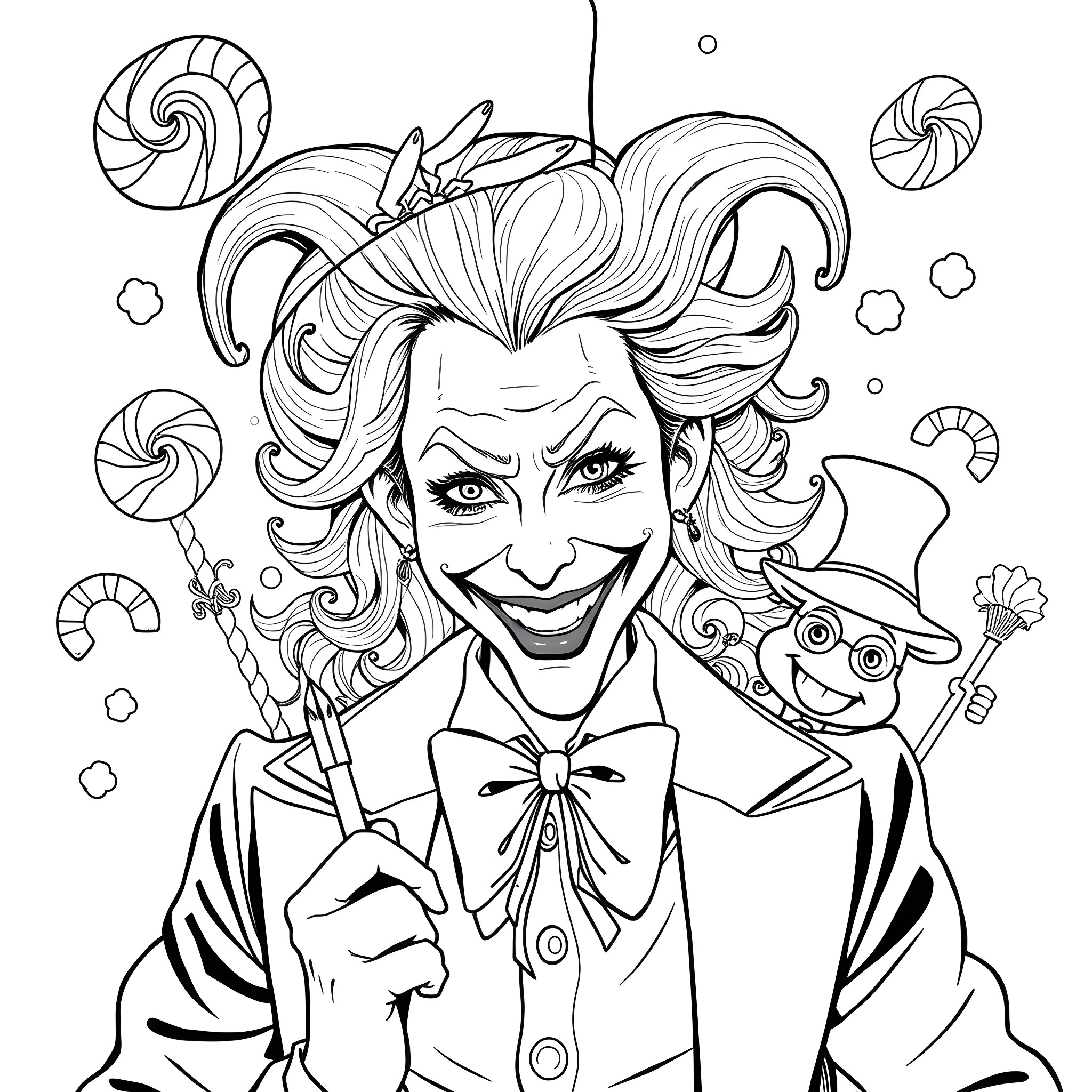 Joker's Colorful Madness Coloring Page (free black-and-white line drawing printable PDF for all, from beginners to advanced learners, including children, teens, adults, and seniors)