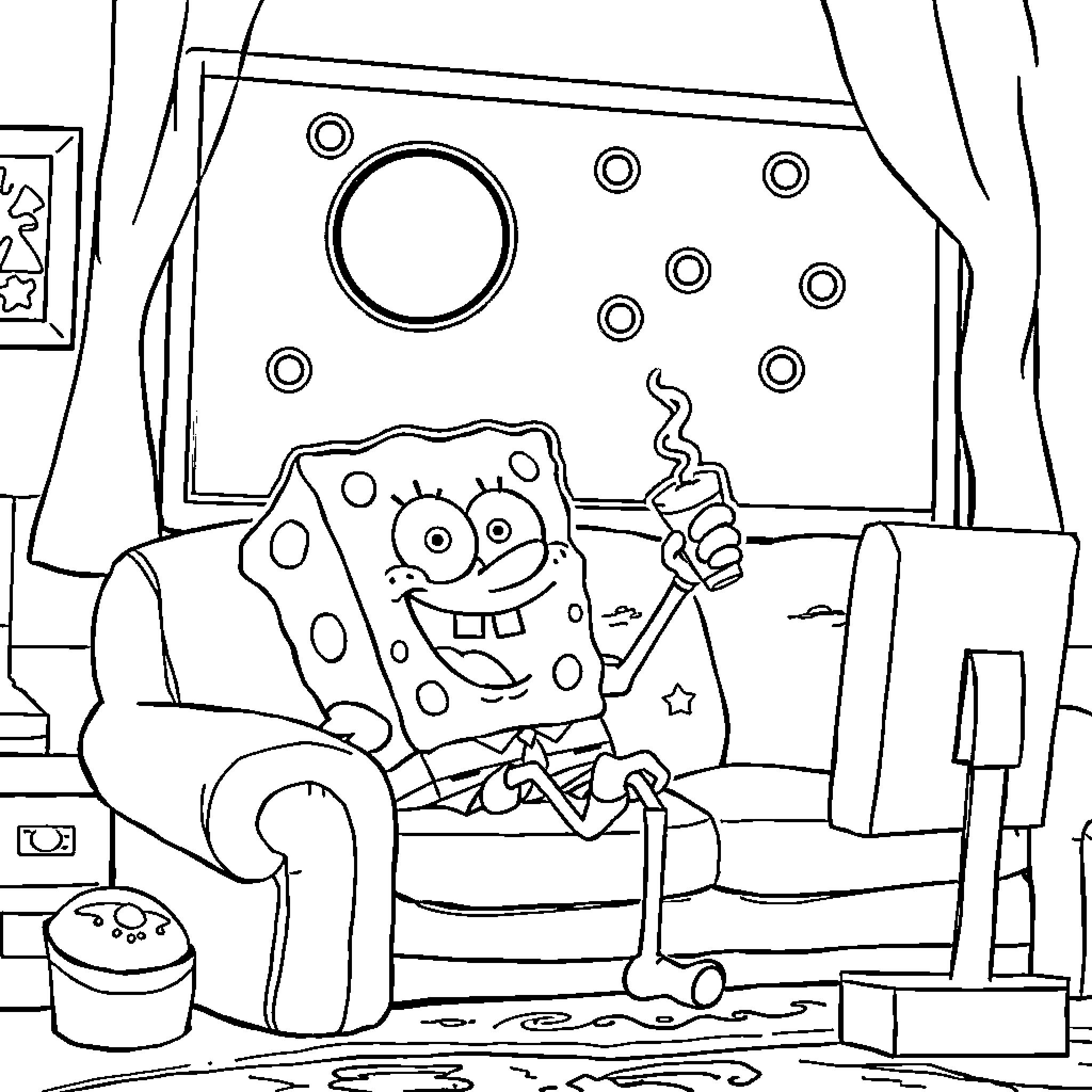 Spongebob relaxing at home on the couch Coloring Page (free black-and-white line drawing printable PDF for all, from beginners to advanced learners, including children, teens, adults, and seniors)