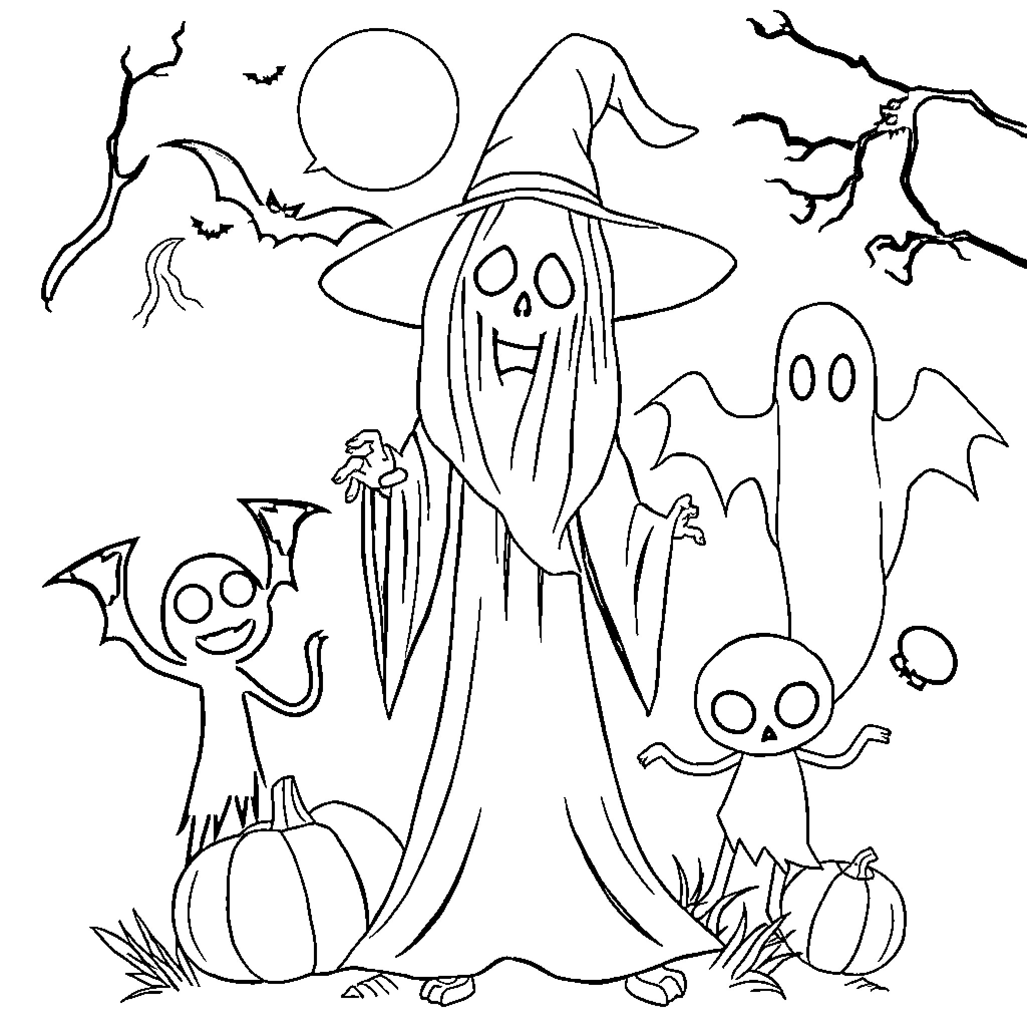 Halloween Spooky Ghosts and Pumpkins Scene Coloring Page (free black-and-white line drawing printable PDF for all, from beginners to advanced learners, including children, teens, adults, and seniors)