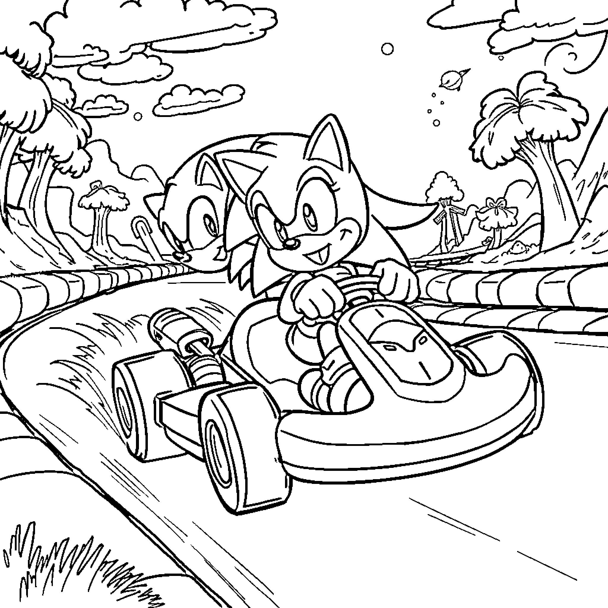 Sonic's Thrilling Racecourse Adventure Coloring Page (free black-and-white line drawing printable PDF for all, from beginners to advanced learners, including children, teens, adults, and seniors)