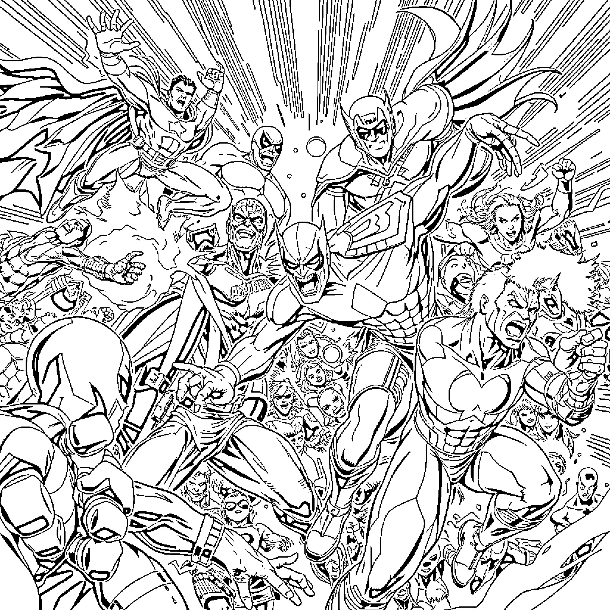 Comic Superheroes in Epic Battle Scene Coloring Page (free black-and-white line drawing printable PDF for all, from beginners to advanced learners, including children, teens, adults, and seniors)