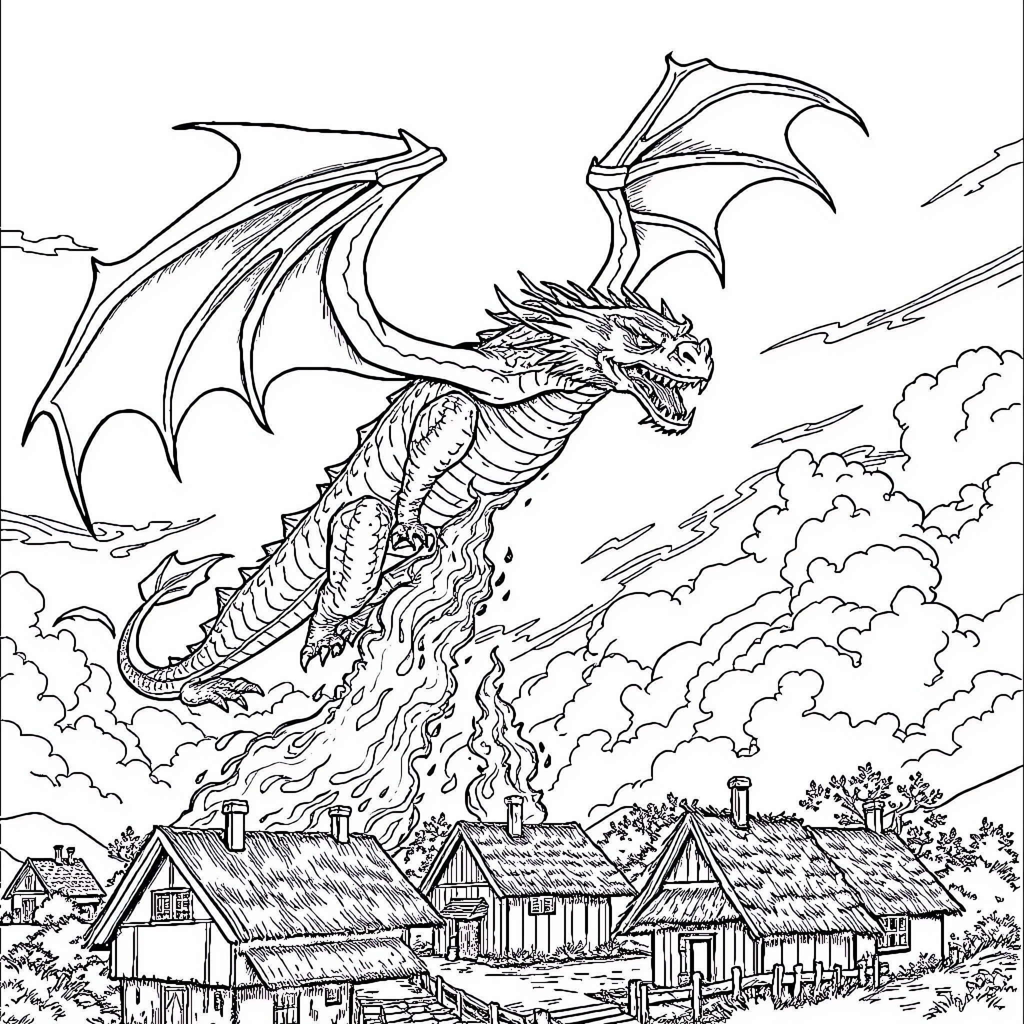 Dragon Soaring Menacingly Over Quaint Village Coloring Page (free black-and-white line drawing printable PDF for all, from beginners to advanced learners, including children, teens, adults, and seniors)