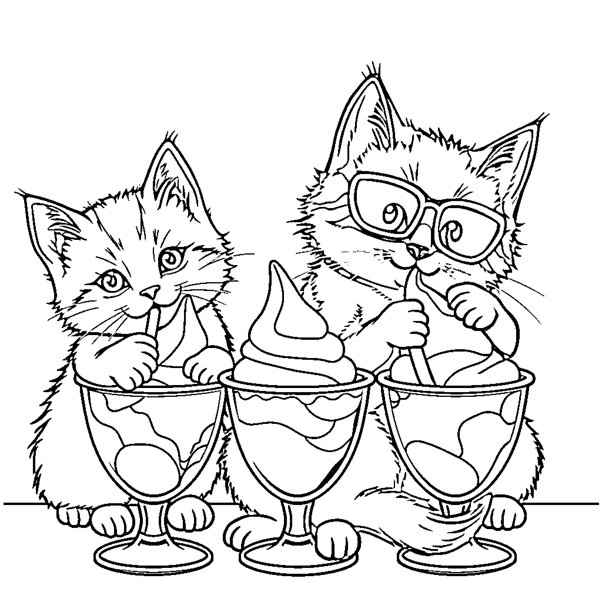 Kitty enjoying delicious treats in cups Coloring Page (free black-and-white line drawing printable PDF for all, from beginners to advanced learners, including children, teens, adults, and seniors)