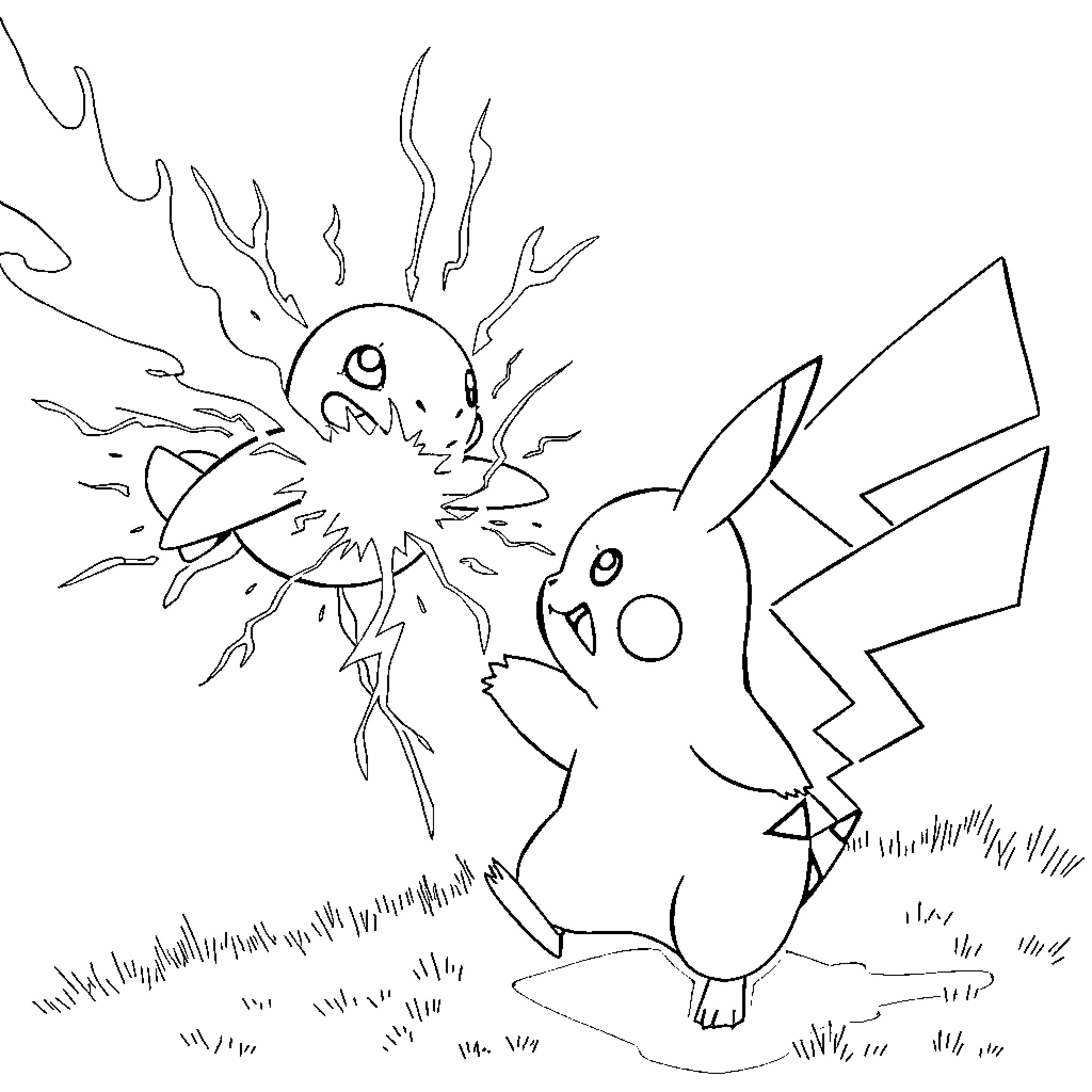 Pikachu playing happily in the sun Coloring Page (free black-and-white line drawing printable PDF for all, from beginners to advanced learners, including children, teens, adults, and seniors)