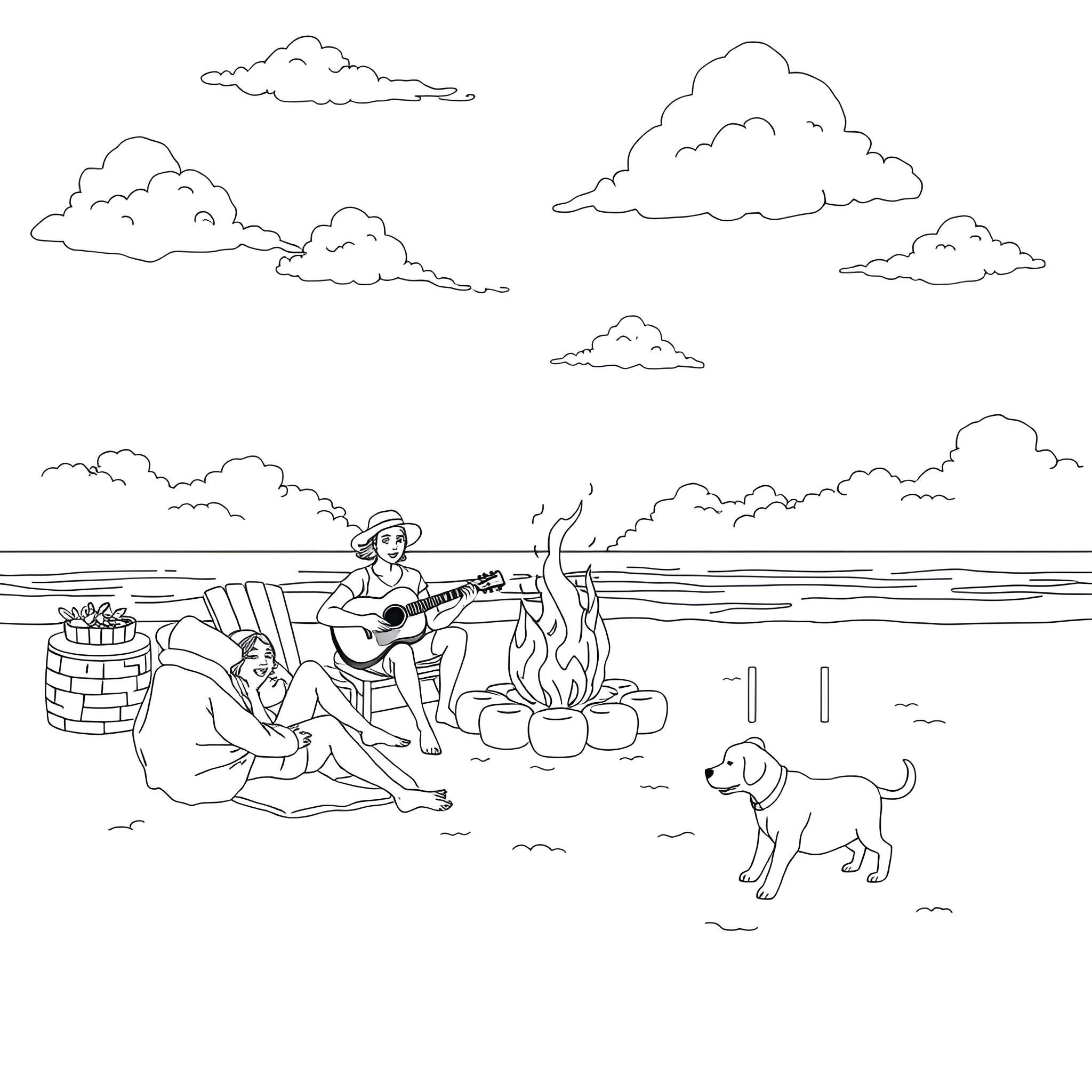 Dog watching people by the campfire on the beach Coloring Page (free black-and-white line drawing printable PDF for all, from beginners to advanced learners, including children, teens, adults, and seniors)