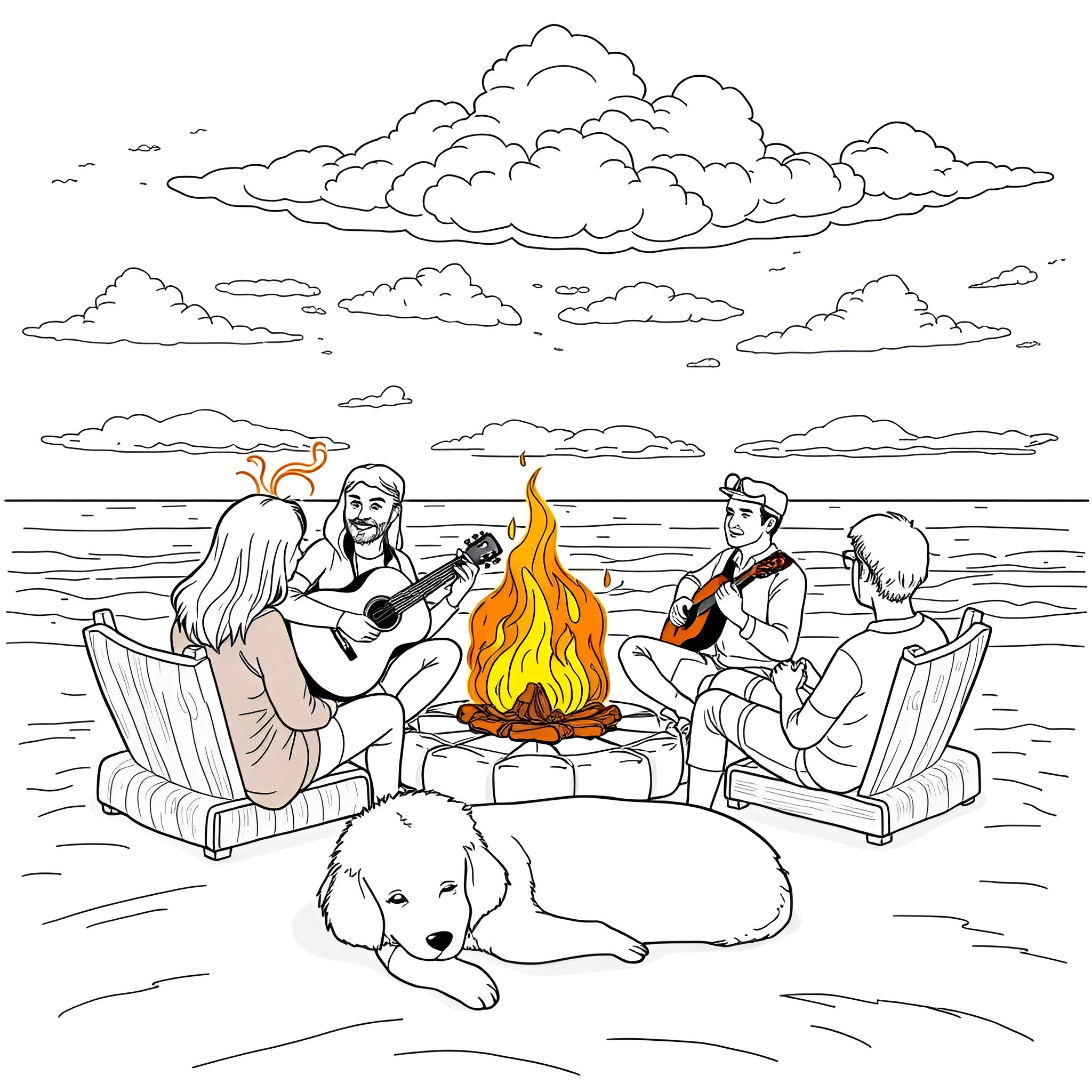 Beach party with friends and guitar by the campfire Coloring Page (free black-and-white line drawing printable PDF for all, from beginners to advanced learners, including children, teens, adults, and seniors)