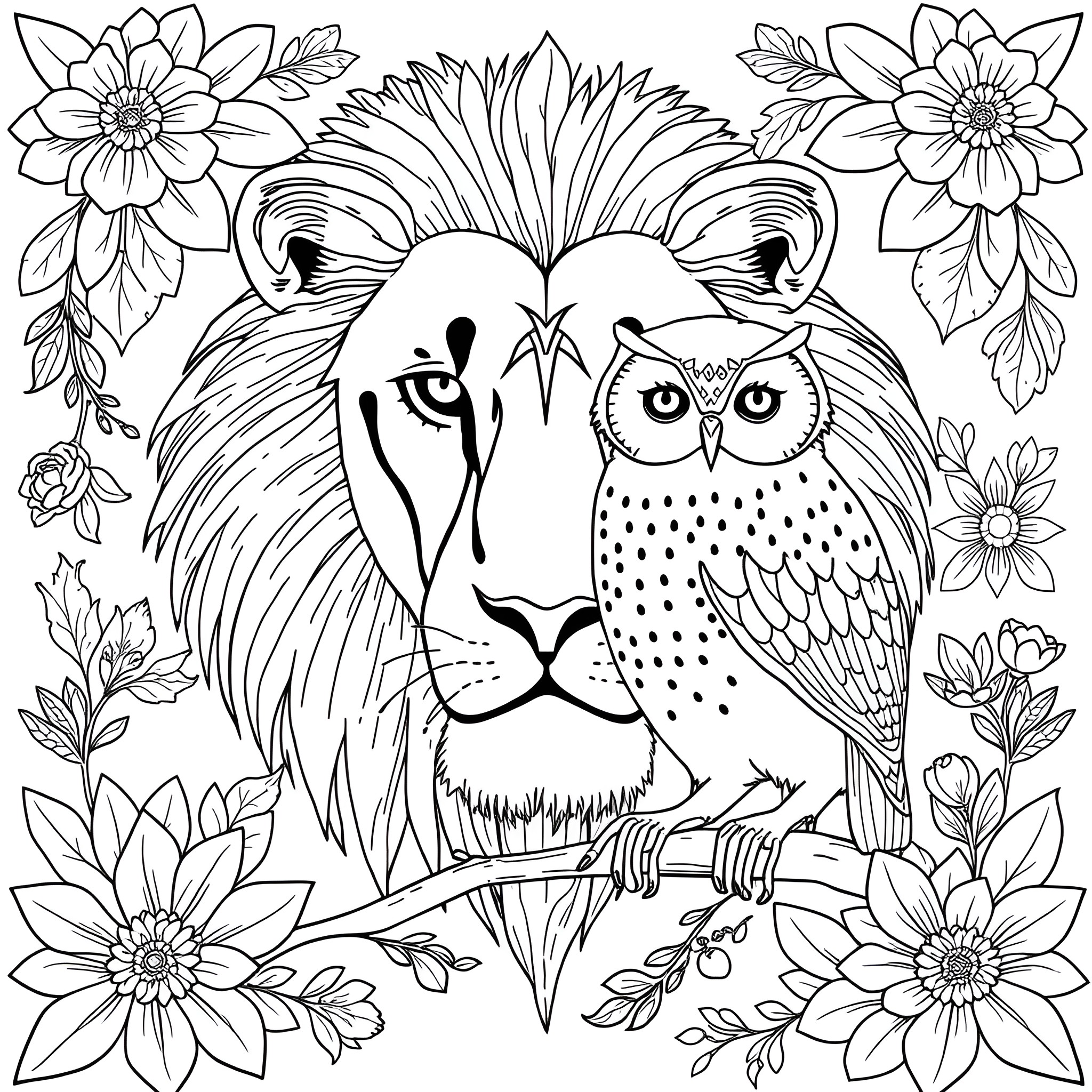 Nature's Enchanting Duo: Lion and Owl Amid Floral Blossoms Coloring Page (free black-and-white line drawing printable PDF for all, from beginners to advanced learners, including children, teens, adults, and seniors)