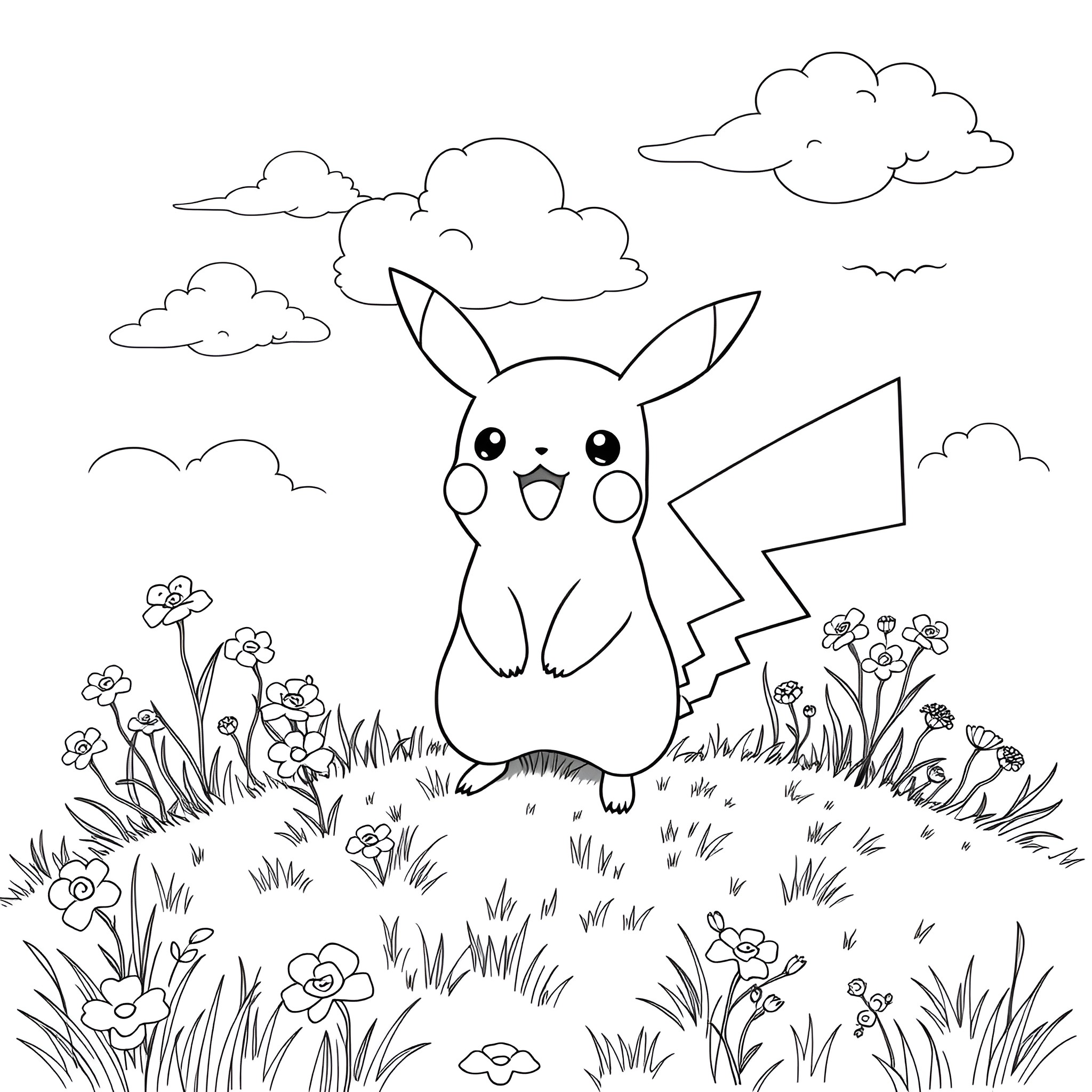 Pikachu exploring the colorful meadow Coloring Page (free black-and-white line drawing printable PDF for all, from beginners to advanced learners, including children, teens, adults, and seniors)
